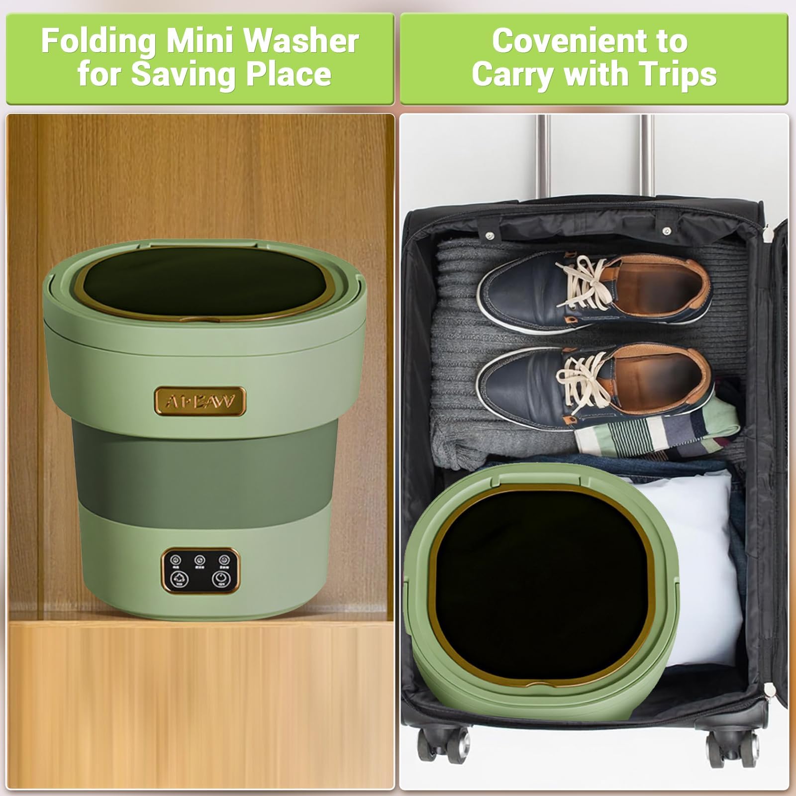 Garvee Mini Waschmaschine 12 L, 2-in-1 Mit Schleuder, Faltbar, Leise, Für Wohnung & Camping, Grün