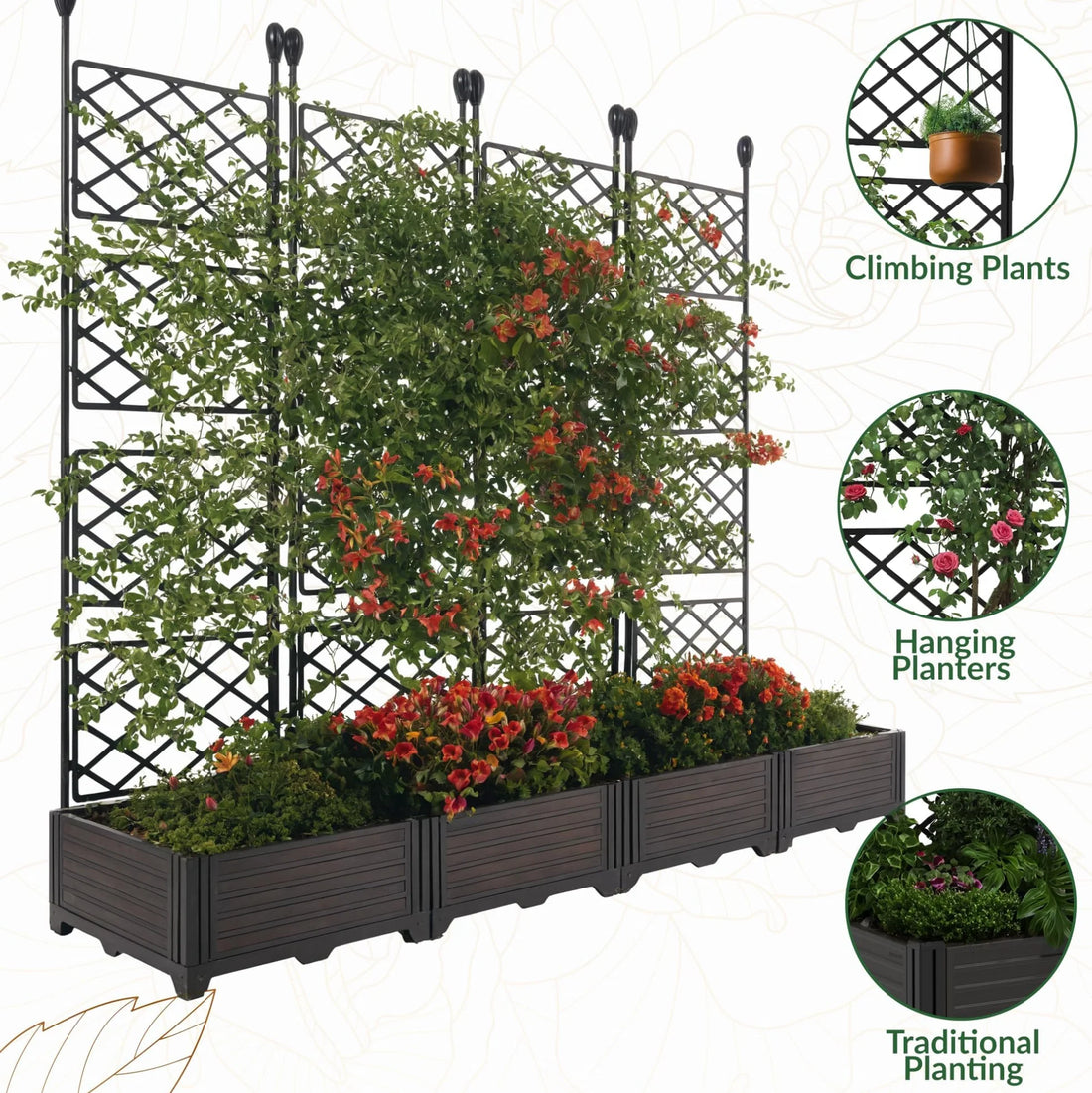 Garvee Hochbeet 4-Teilig Mit Rankgitter, Kunststoff, Windfest, Für Balkon & Garten, 168×160 cm, Schwarz