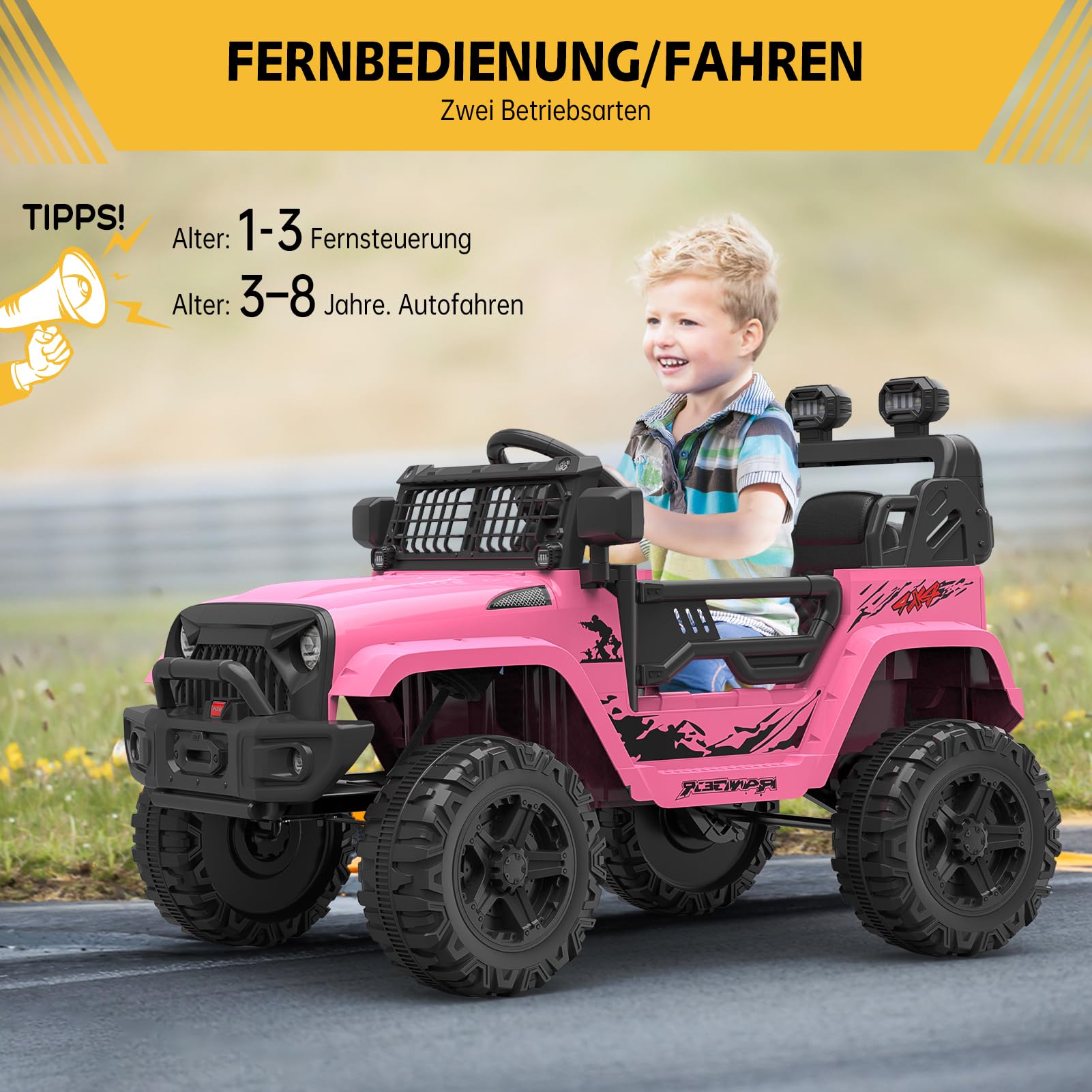 Garvee Rosa 12V Kinder Elektroauto mit Fernbedienung Offroad-Reifen LED Licht und Musik Für Kinder 3-8 Jahre