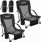 Garvee Niedriger Strandstuhl mit atmungsaktivem Mesh, klappbar, pulverbeschichteter Stahlrahmen, Getränkehalter, leicht tragbar für Strand und Park