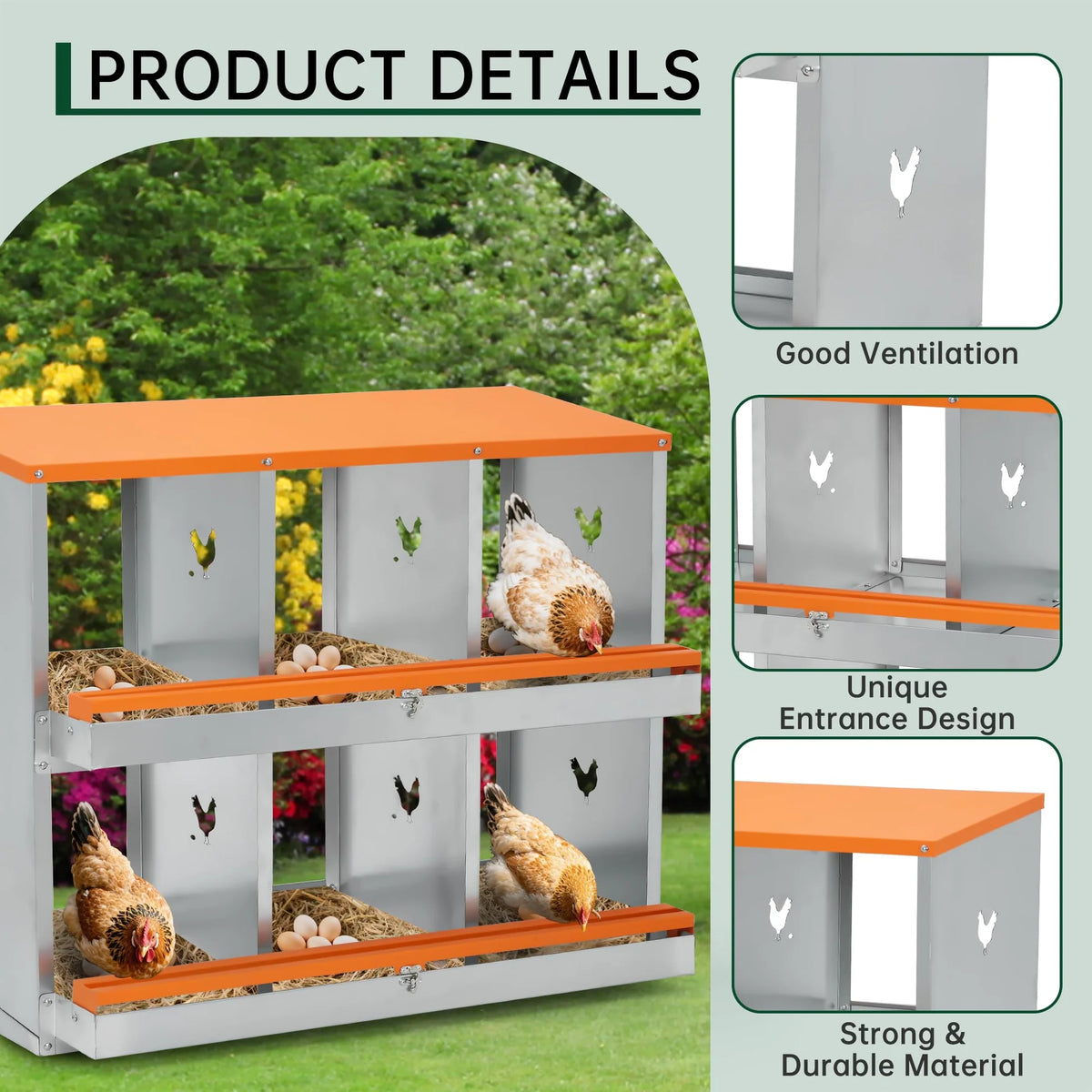 Garvee Hühner-Nistkasten 6 Fächer Orange Silber aus verzinktem Stahl
