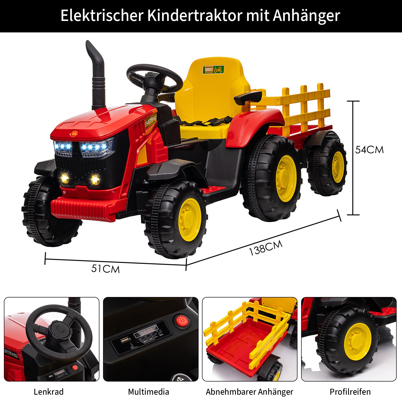 Garvee Rot 12V Kinder Elektro Traktor, Lenkbar per Fernbedienung, Spielzeugauto für Jungen