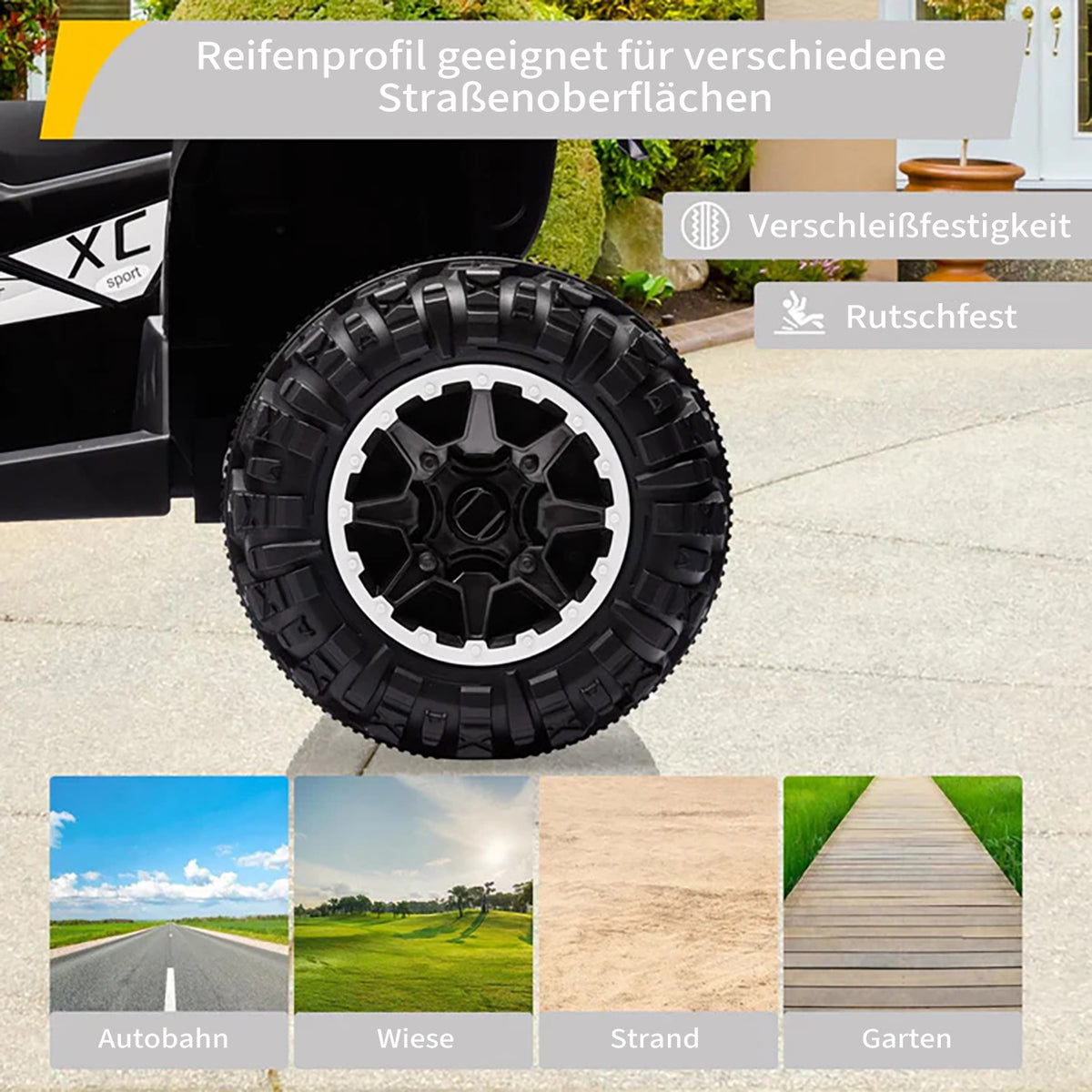 Kinder Elektroauto mit EVA Rädern und Allradfederung