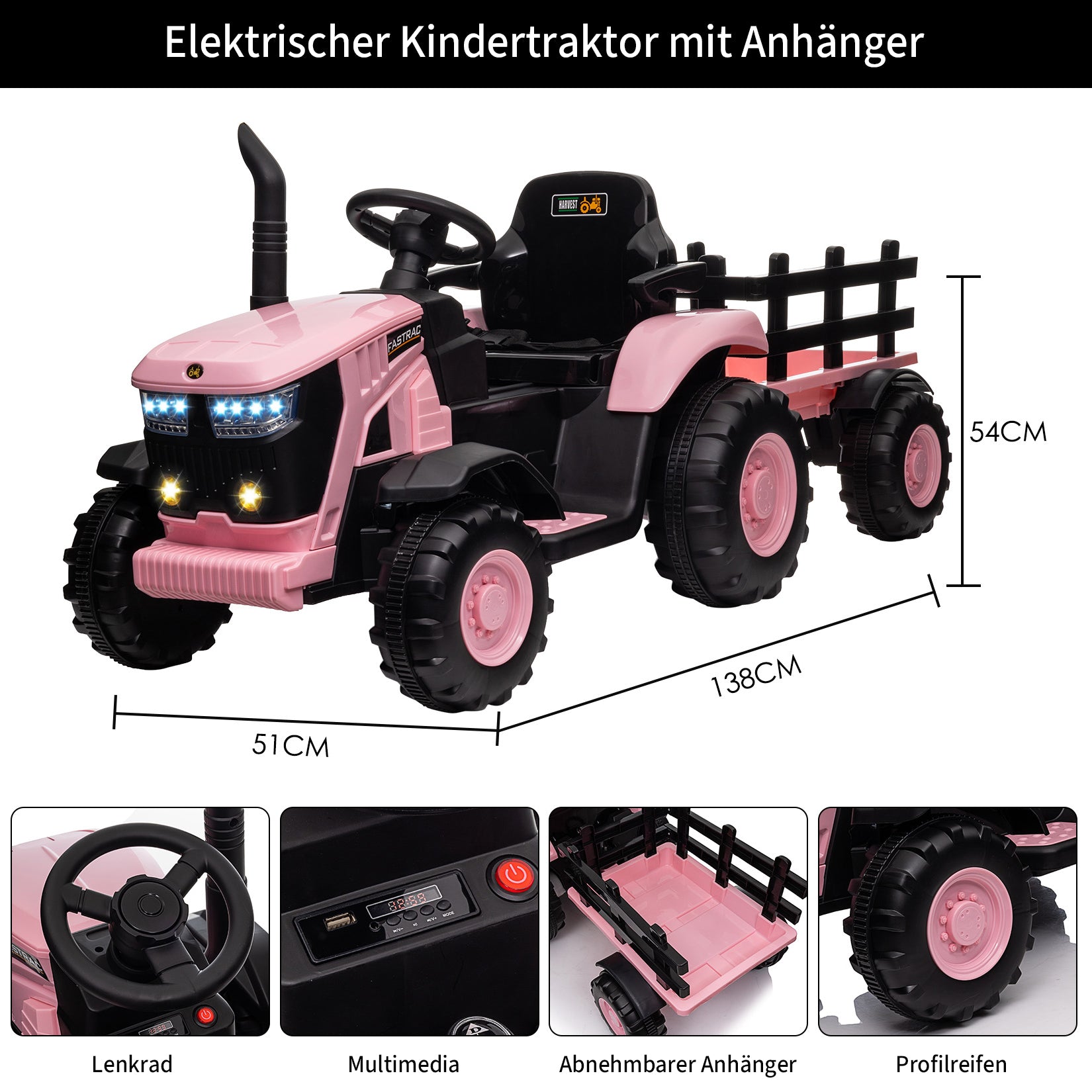 Garvee Rosa Elektrotraktor für Kinder 3-8 Jahre, 12V Battery, Mit Fernsteuerung & Anhänger