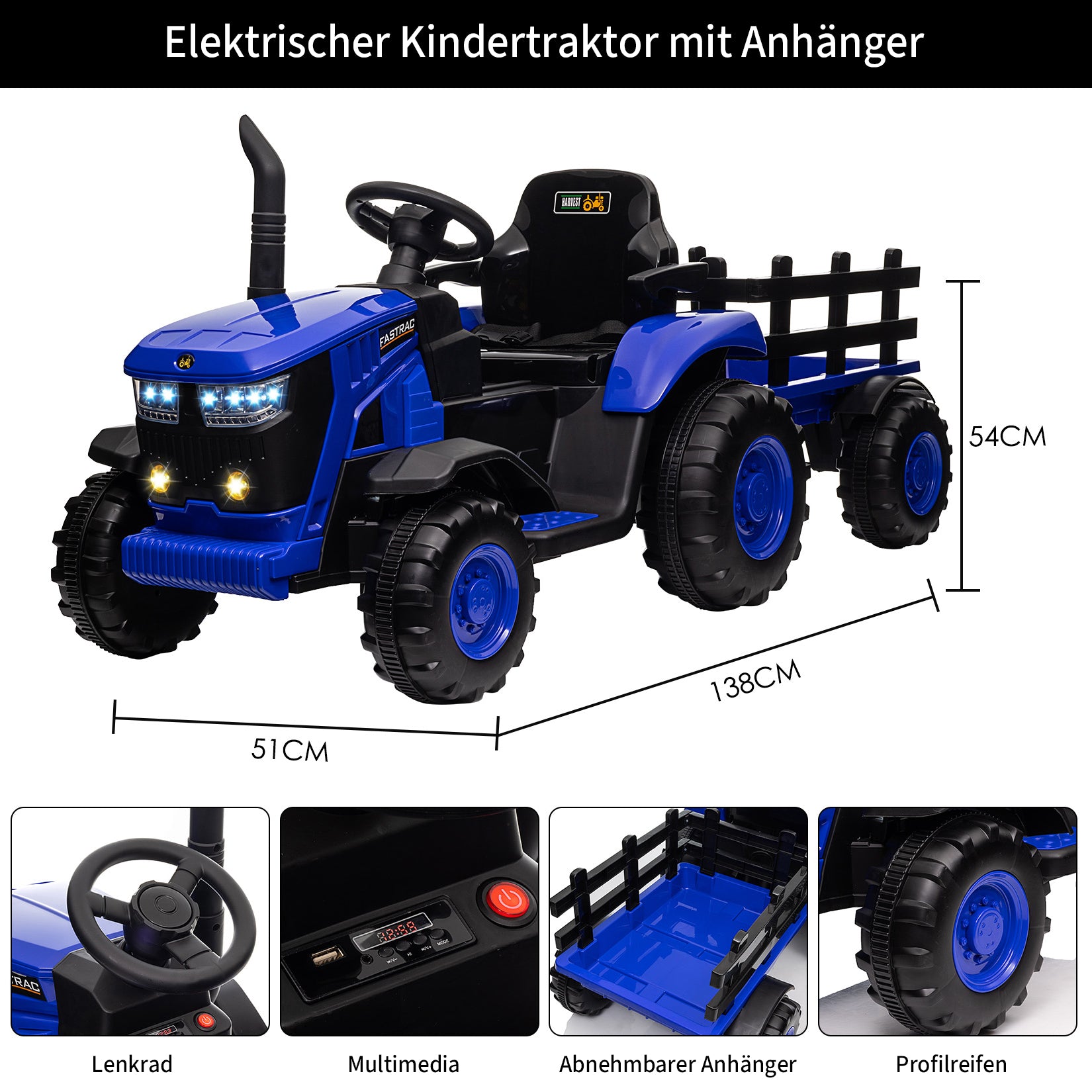 Garvee Blau 12V Elektrotraktor mit Fernbedienung, Kinder Ride On Traktor Spielzeug ab 3 Jahre