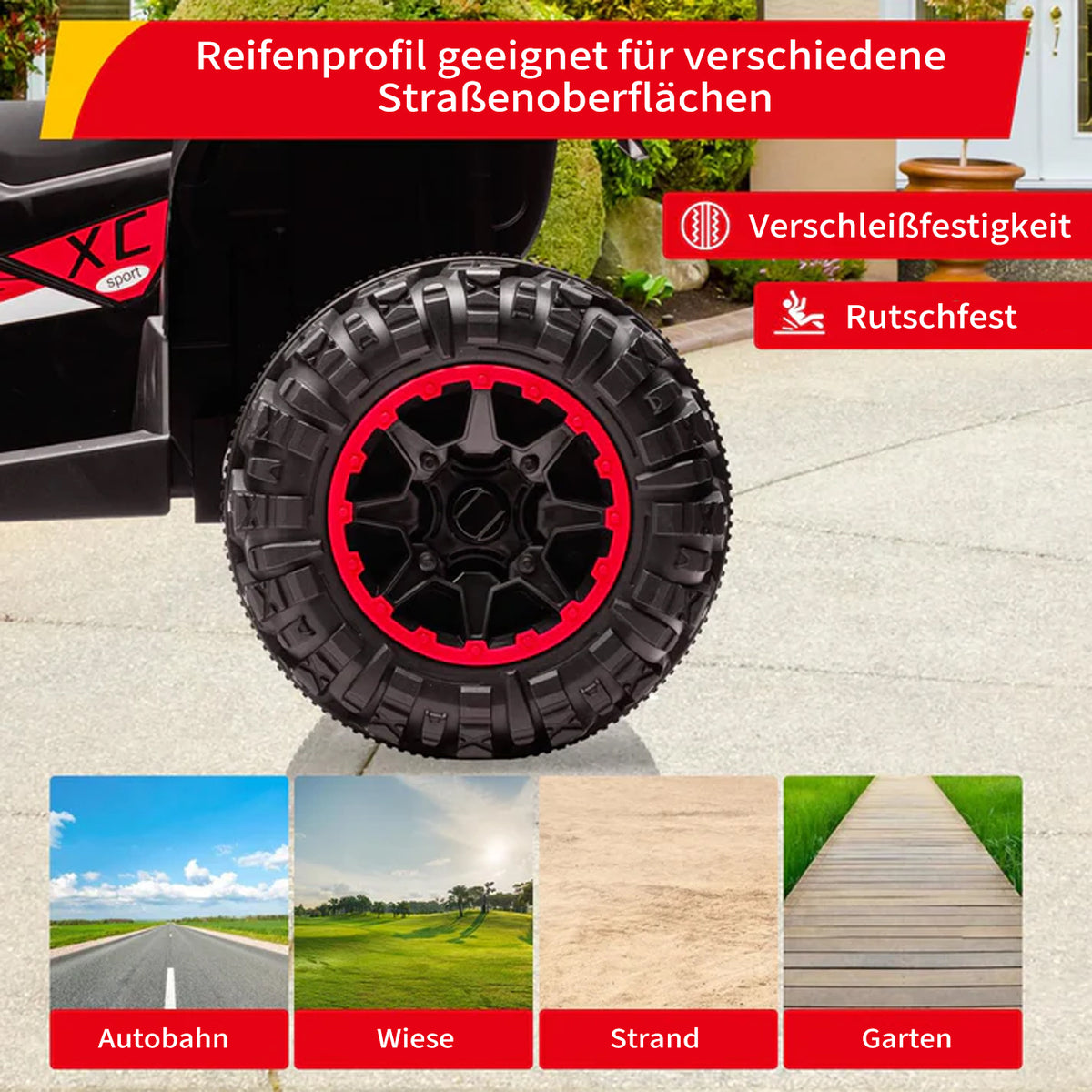 Kinder Elektroauto mit EVA Rädern und Allradfederung