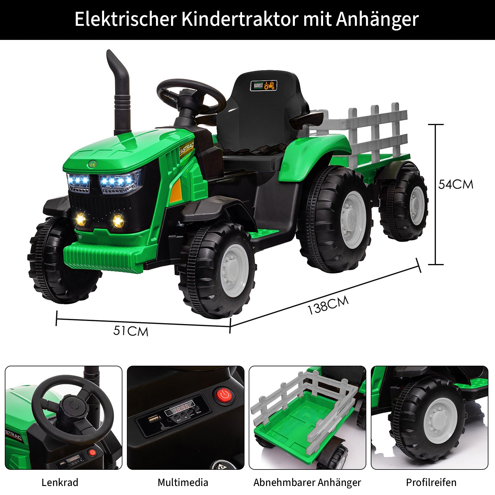 Garvee Grün Elektrotraktor für Kinder 3-8 Jahre, 12V Battery, Mit Fernsteuerung & Anhänger
