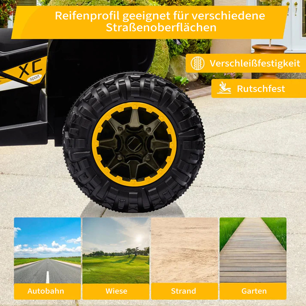 Kinder Elektroauto mit EVA Rädern und Allradfederung