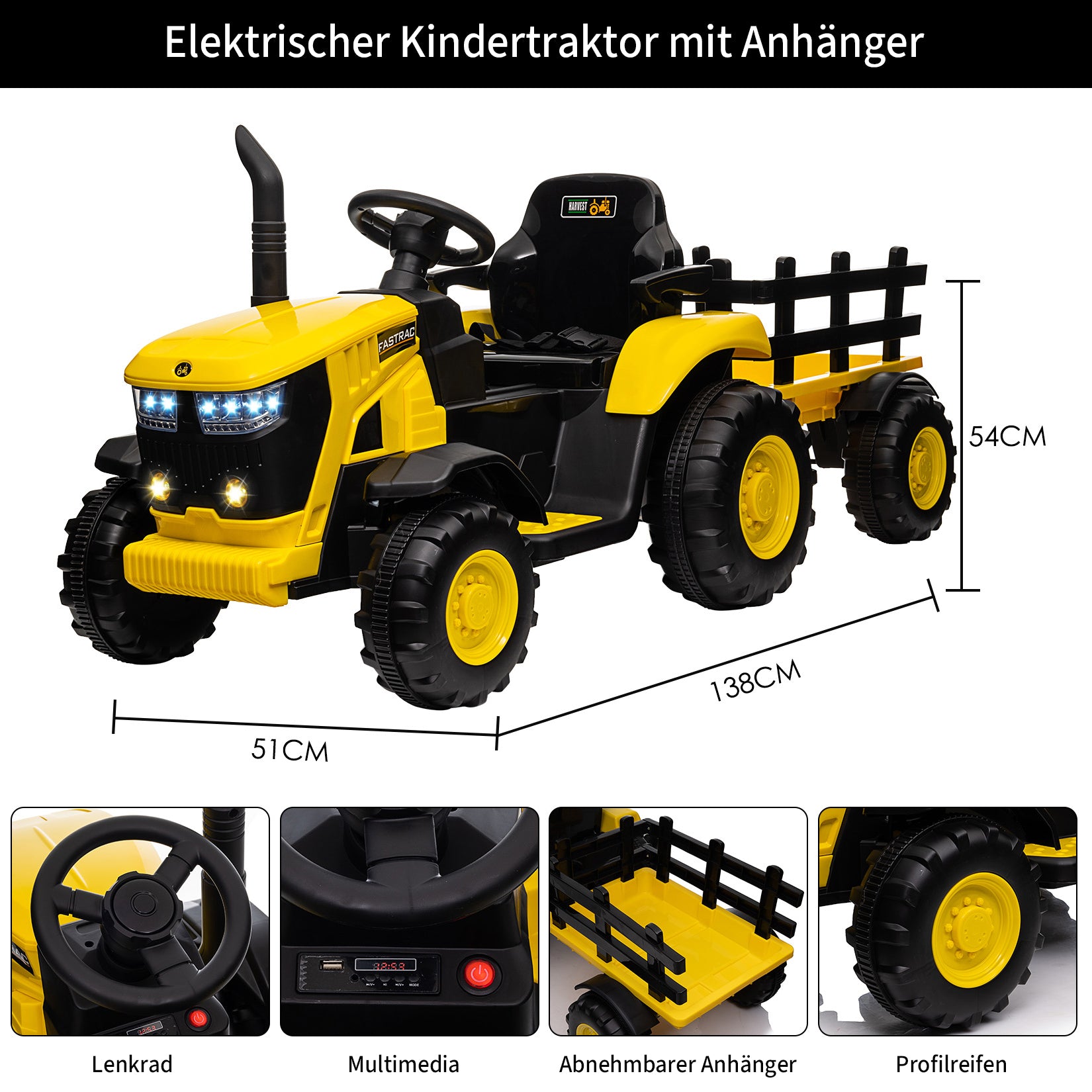 Garvee Gelb Elektrotraktor für Kinder 3-8 Jahre, 12V Battery, Mit Fernsteuerung & Anhänger