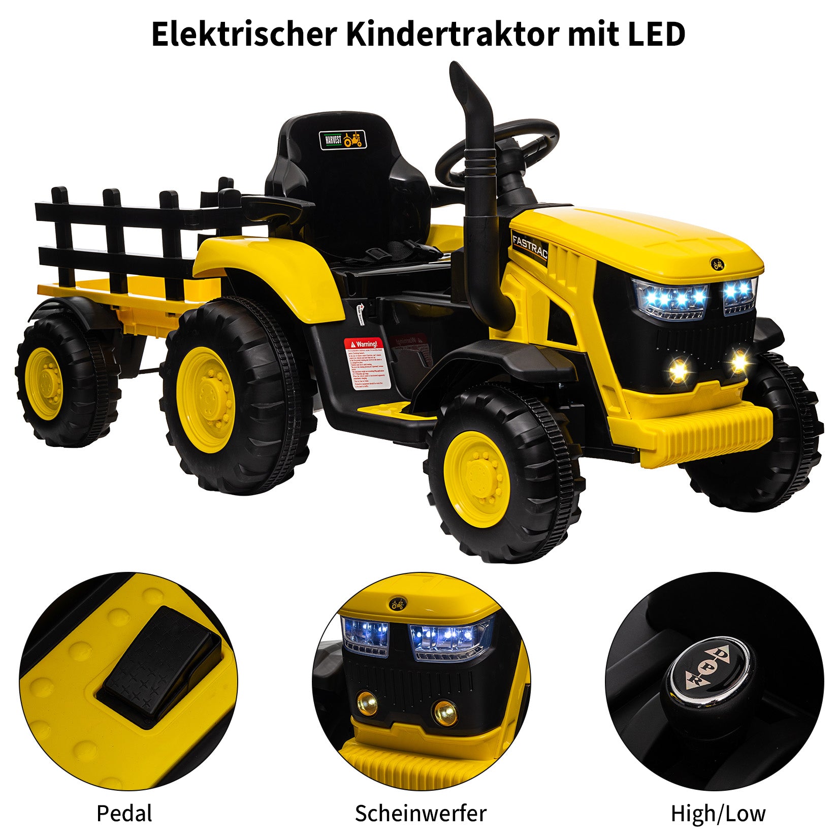 Garvee Gelb Elektrotraktor für Kinder 3-8 Jahre, 12V Battery, Mit Fernsteuerung & Anhänger