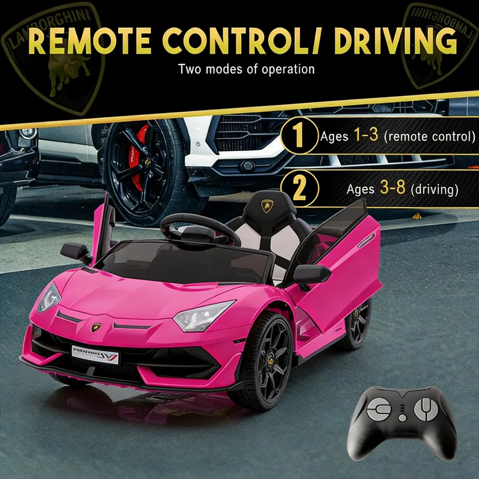 GARVEE 12V Lamborghini Kinderauto Elektrofahrzeug, Mit Eltern-Fernbedienung, LED-Beleuchtung, Soundsystem und Federung, Kinder Elektroauto für Jungen und Mädchen von 3–8 Jahren, Rosa
