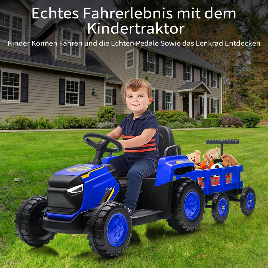Garvee 12V Elektrotraktor für Kinder, Spielzeug-Traktor mit Doppelmotor, elektrisches Aufsitzfahrzeug für Kinder ab 3 Jahren, Blau