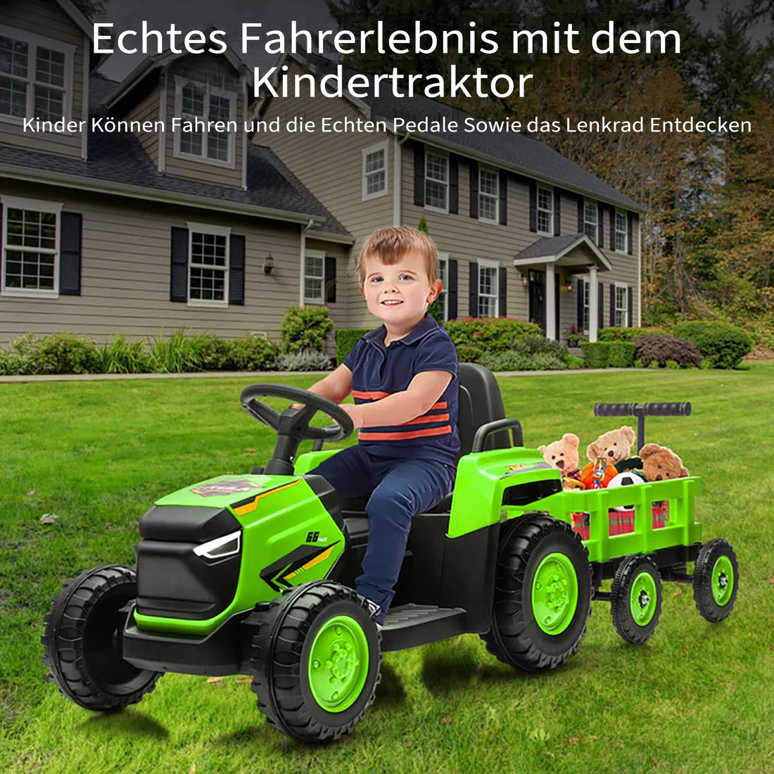 Garvee 12V Elektrotraktor für Kinder, Spielzeug-Traktor mit Doppelmotor, elektrisches Aufsitzfahrzeug für Kinder ab 3 Jahren, Grün