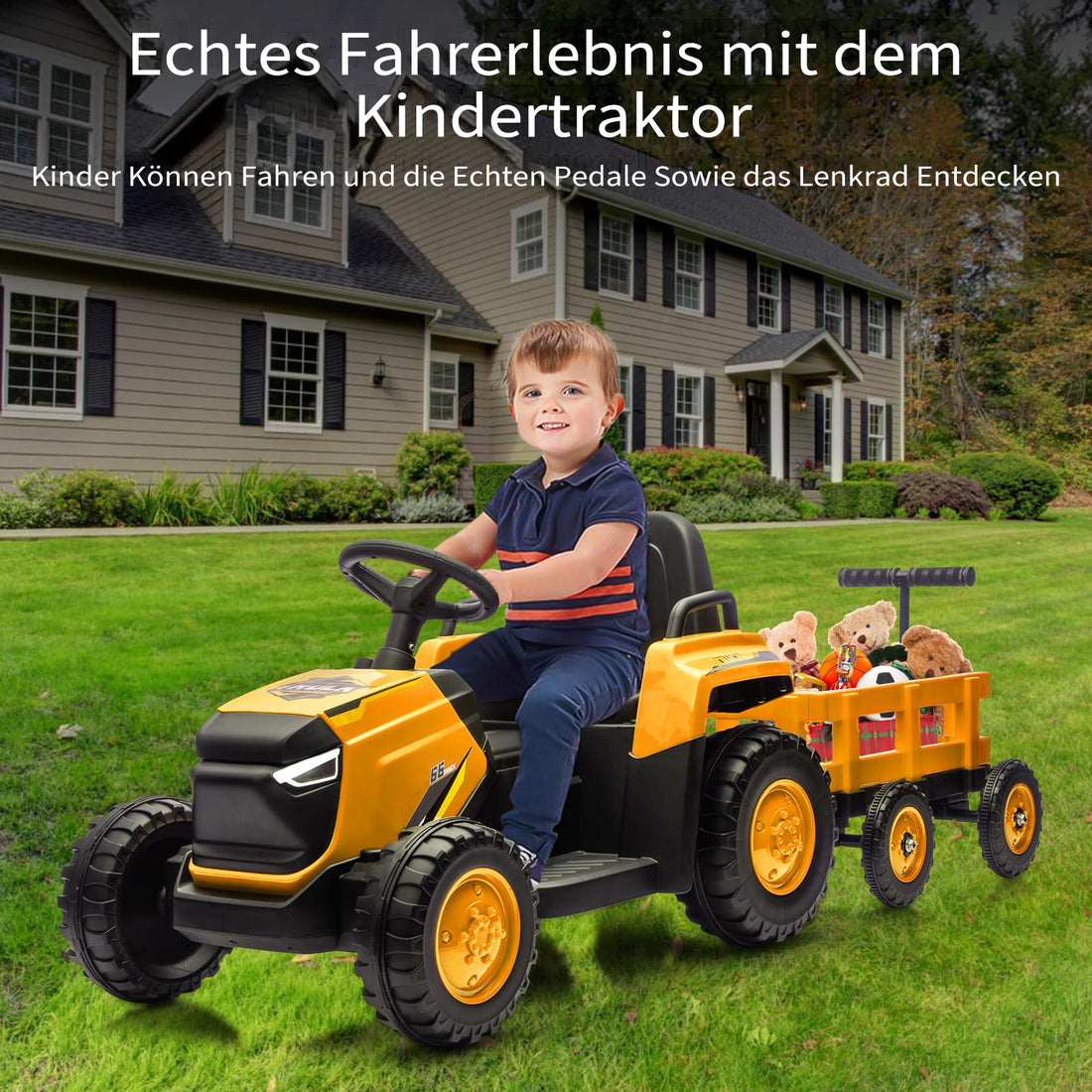 Garvee 12V Elektrotraktor für Kinder, Spielzeug-Traktor mit Doppelmotor, elektrisches Aufsitzfahrzeug für Kinder ab 3 Jahren, Gelb