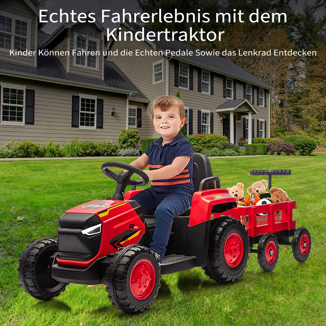 Garvee 12V Elektrotraktor für Kinder, Spielzeug-Traktor mit Doppelmotor, elektrisches Aufsitzfahrzeug für Kinder ab 3 Jahren, Rot