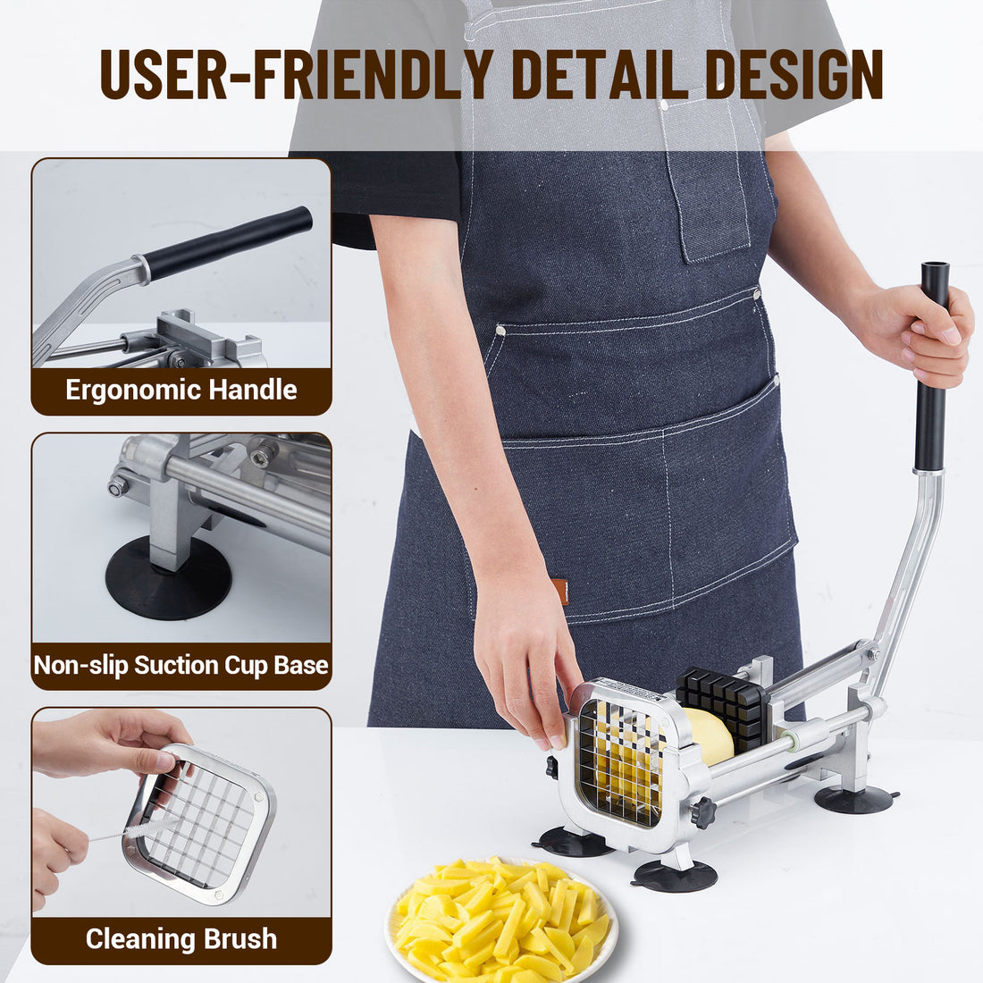 Garvee Horizontaler Pommes Schneider mit 1 cm & 1,3 cm Schneidegitter aus Edelstahl