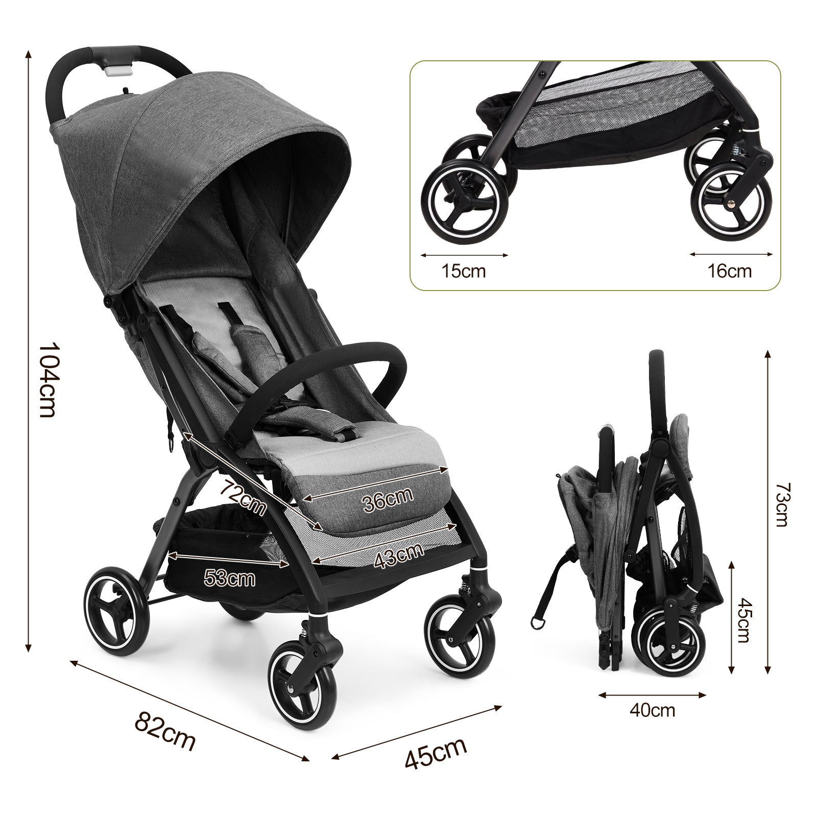 GARVEE Faltbarer Kinderwagen für Babys 0–36 Monate, Leichter Reisebuggy mit Verstellbarer Rückenlehne, Komfortabel und Platzsparend, Grau
