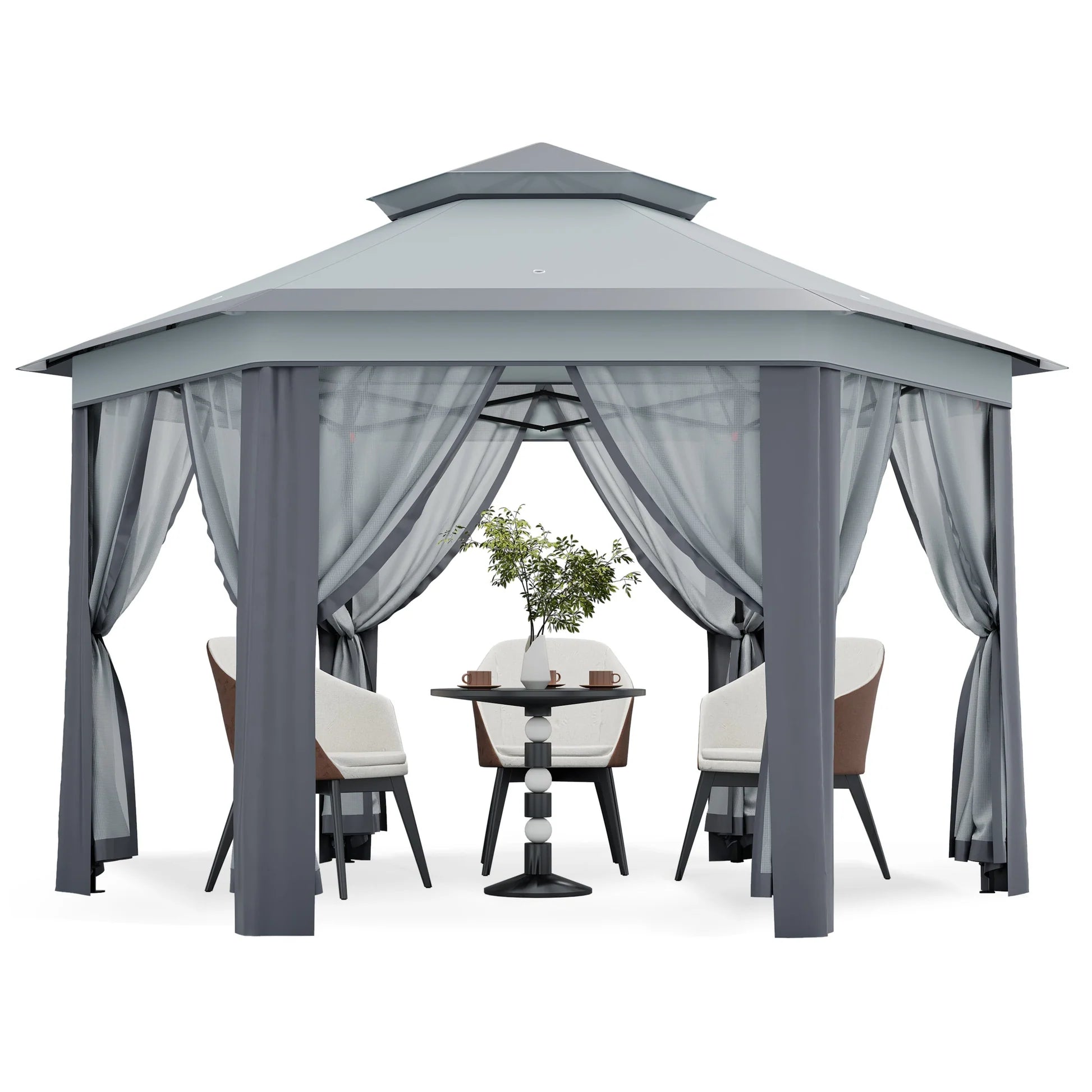 Garvee Hexagon Pavillon 4×4 m, Mit Moskitonetz, Wasserdicht, UV-Schutz, Höhenverstellbar, Grau