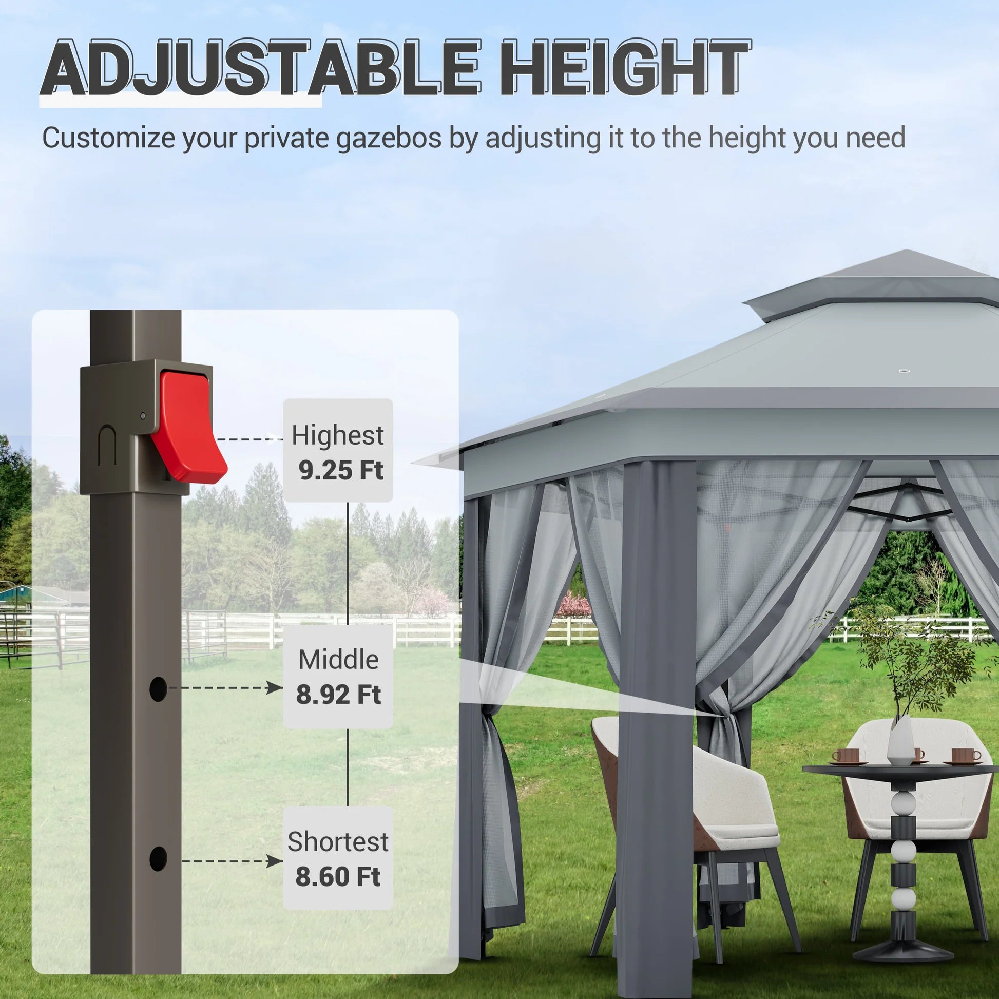Garvee Hexagon Pavillon 4×4 m, Mit Moskitonetz, Wasserdicht, UV-Schutz, Höhenverstellbar, Grau