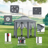 Garvee Hexagon Pavillon 4×4 m, Mit Moskitonetz, Wasserdicht, UV-Schutz, Höhenverstellbar, Grau