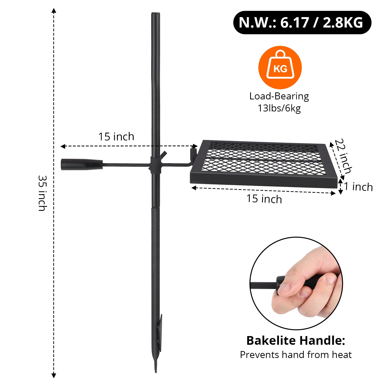 Garvee Drehbarer Campfire Grill 38 × 56 cm, Stahl, 360° Drehung, Höhenverstellbar, Quadratisch