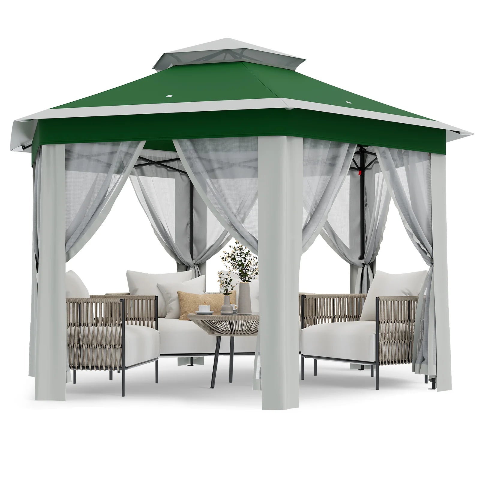 Garvee Hexagon Pavillon 4×4 m, Mit Moskitonetz, Wasserdicht, UV-Schutz, Höhenverstellbar, Grün