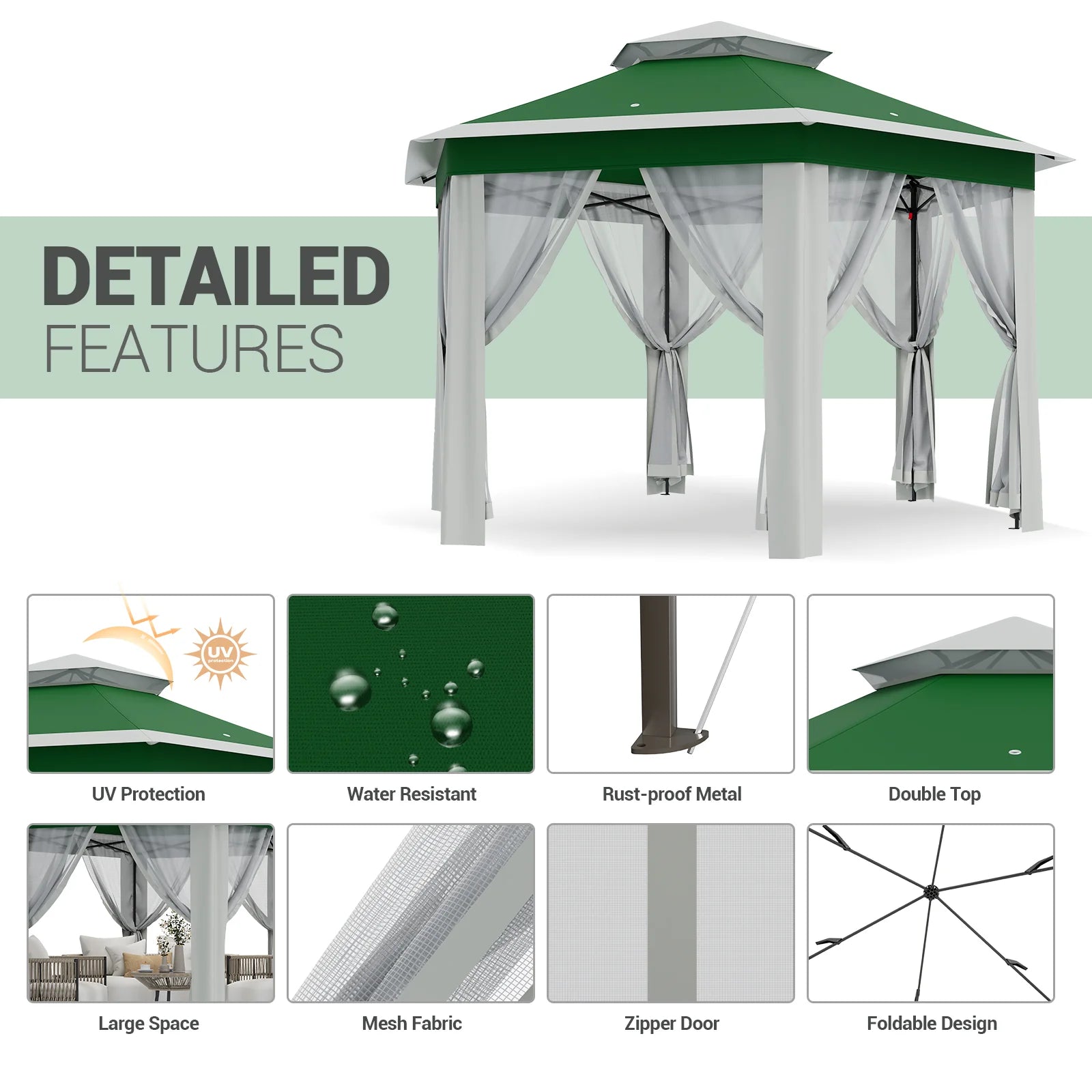 Garvee Hexagon Pavillon 4×4 m, Mit Moskitonetz, Wasserdicht, UV-Schutz, Höhenverstellbar, Grün