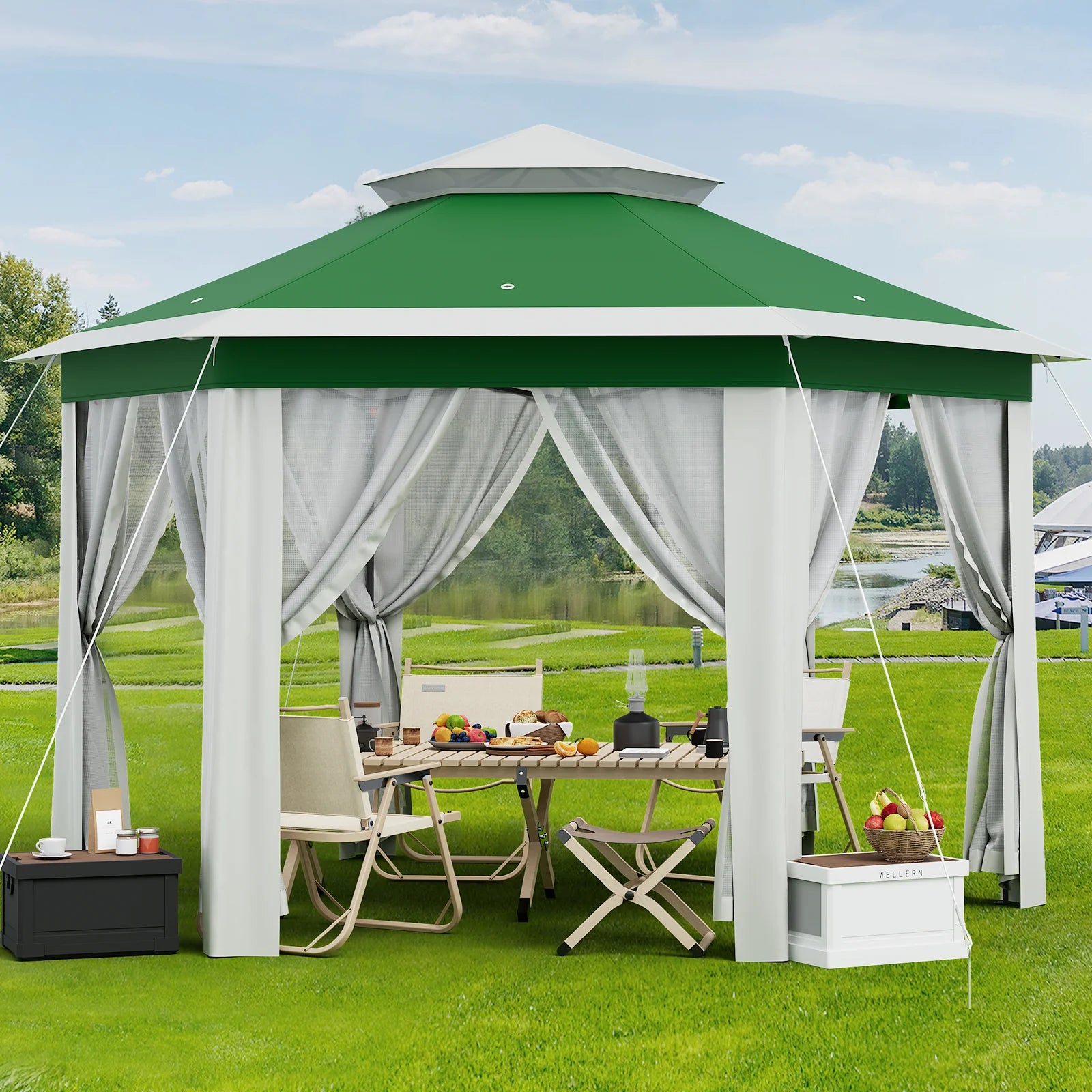 Garvee Hexagon Pavillon 4×4 m, Mit Moskitonetz, Wasserdicht, UV-Schutz, Höhenverstellbar, Grün