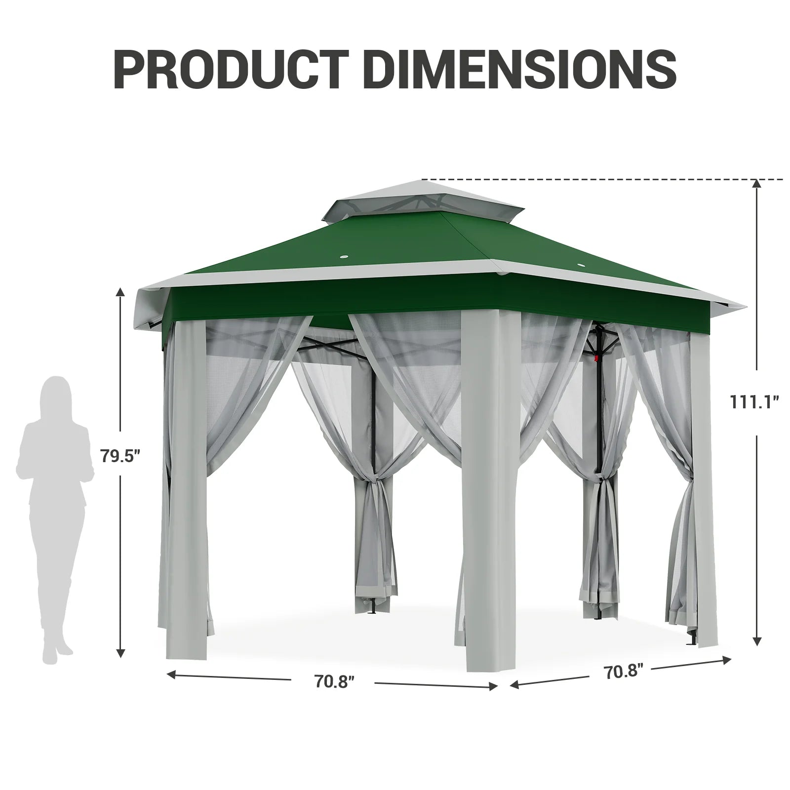 Garvee Hexagon Pavillon 4×4 m, Mit Moskitonetz, Wasserdicht, UV-Schutz, Höhenverstellbar, Grün