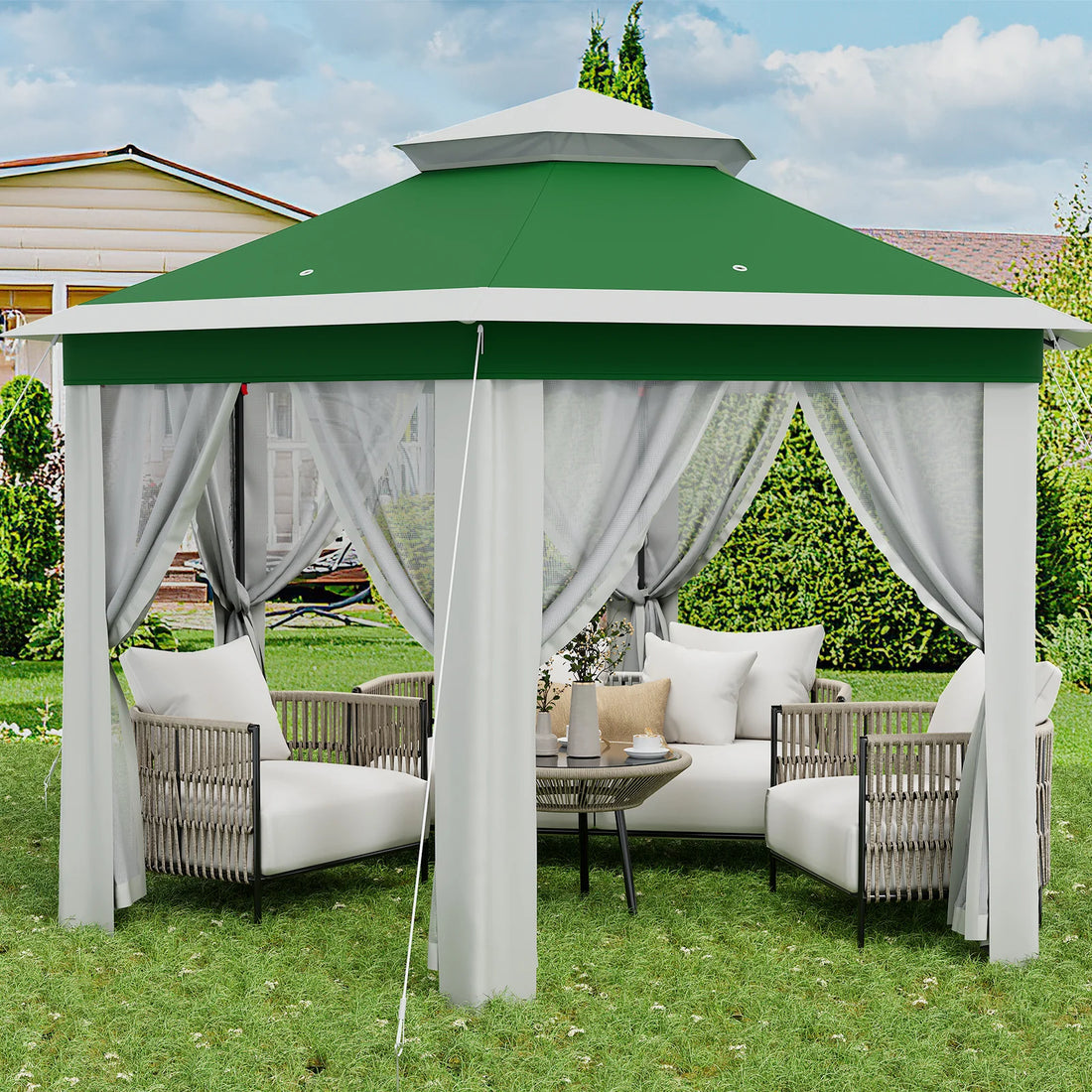 Garvee Hexagon Pavillon 4×4 m, Mit Moskitonetz, Wasserdicht, UV-Schutz, Höhenverstellbar, Grün