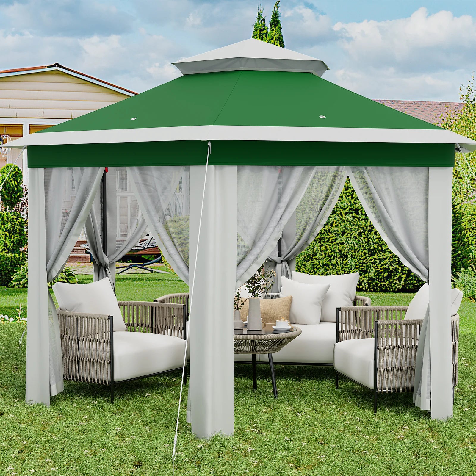 Garvee Hexagon Pavillon 4×4 m, Mit Moskitonetz, Wasserdicht, UV-Schutz, Höhenverstellbar, Grün