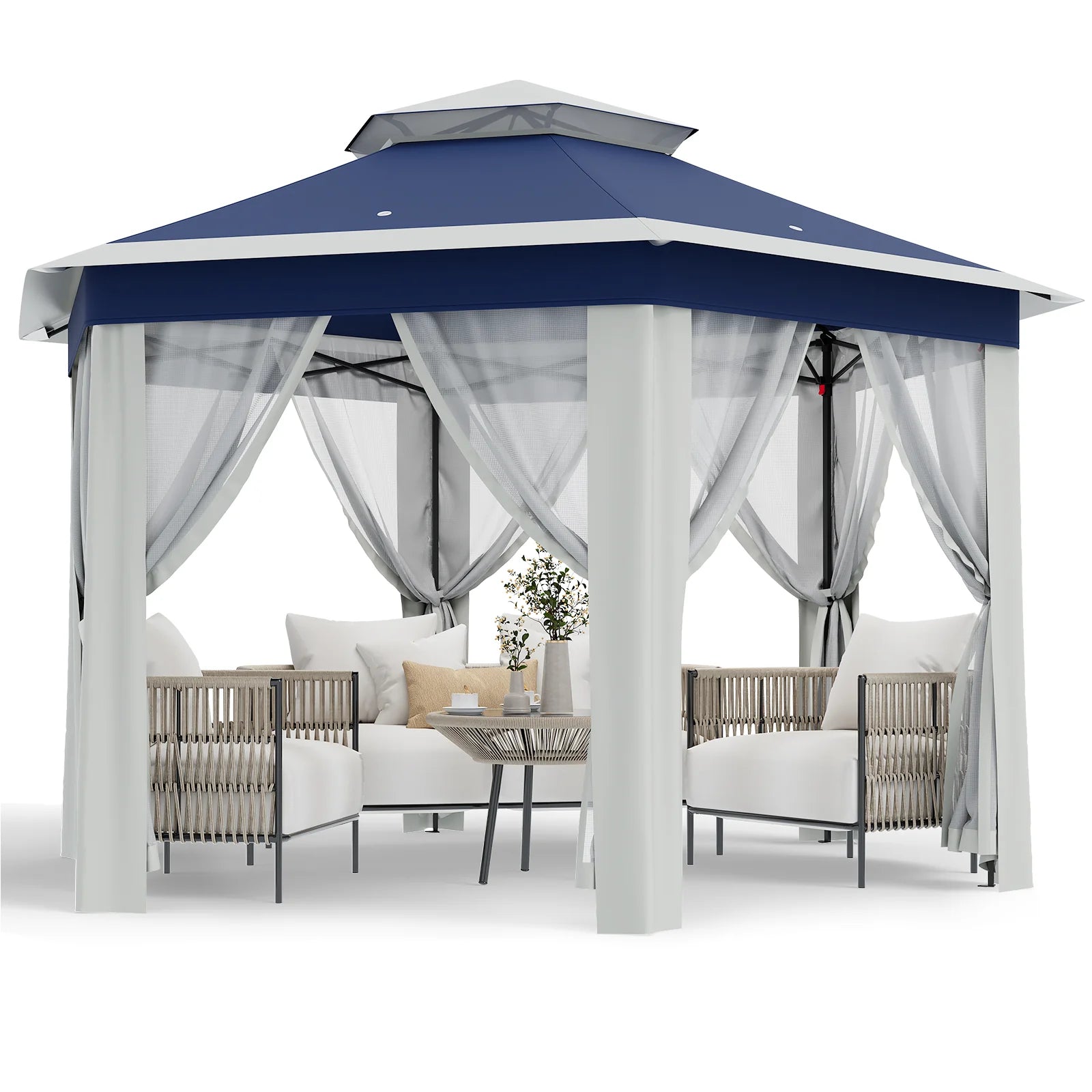 Garvee Hexagon Pavillon 4×4 m, Mit Moskitonetz, Wasserdicht, UV-Schutz, Höhenverstellbar, Blau