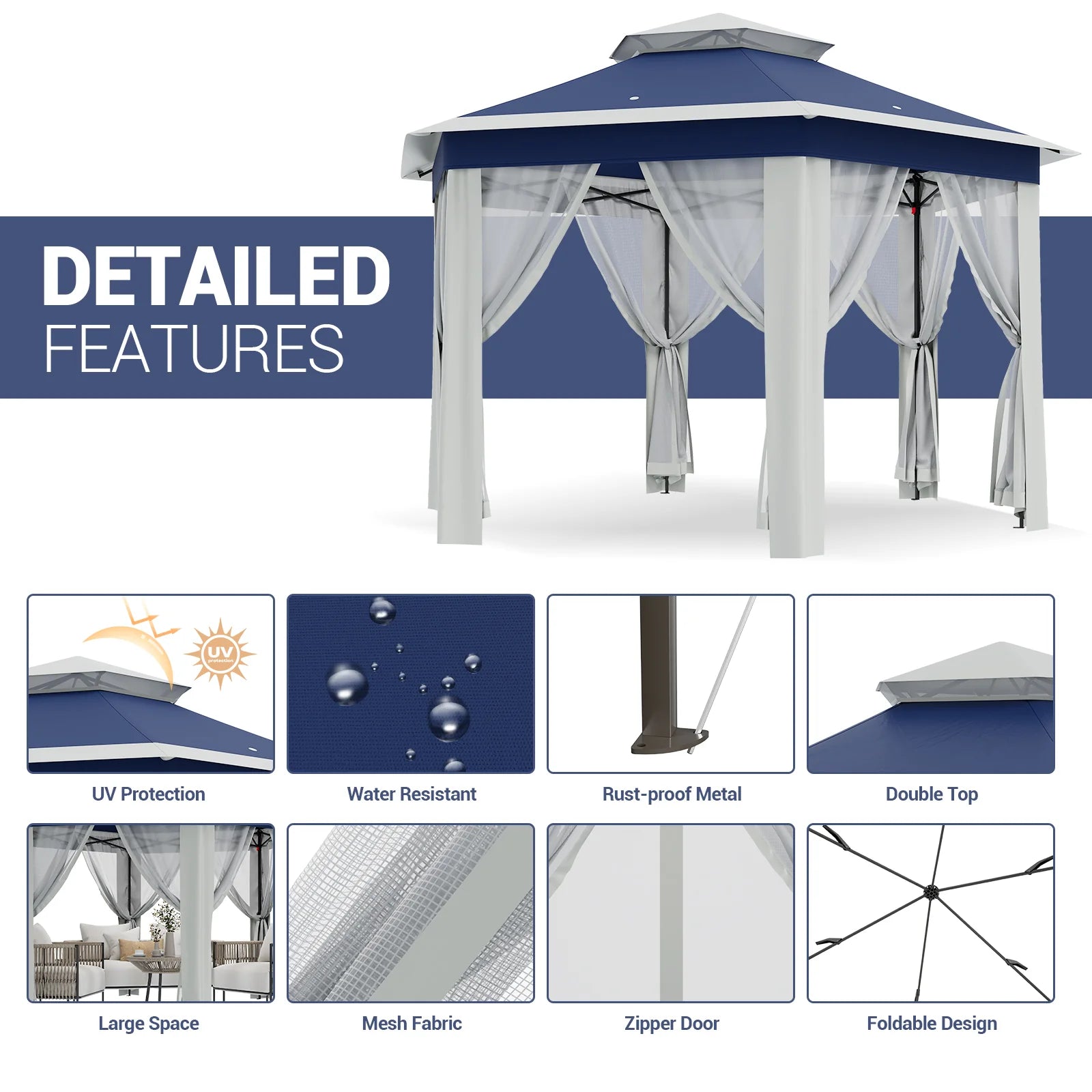 Garvee Hexagon Pavillon 4×4 m, Mit Moskitonetz, Wasserdicht, UV-Schutz, Höhenverstellbar, Blau