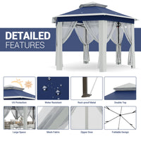 Garvee Hexagon Pavillon 4×4 m, Mit Moskitonetz, Wasserdicht, UV-Schutz, Höhenverstellbar, Blau
