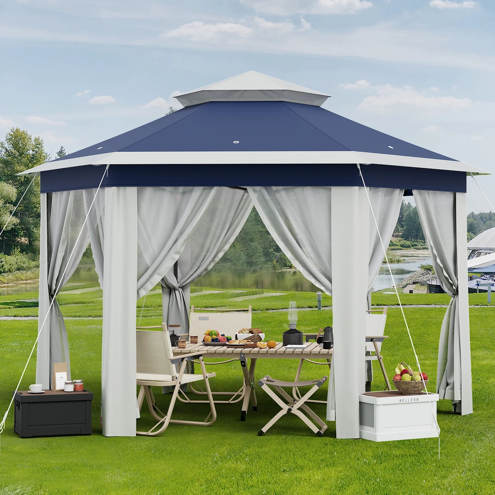 Garvee Hexagon Pavillon 4×4 m, Mit Moskitonetz, Wasserdicht, UV-Schutz, Höhenverstellbar, Blau