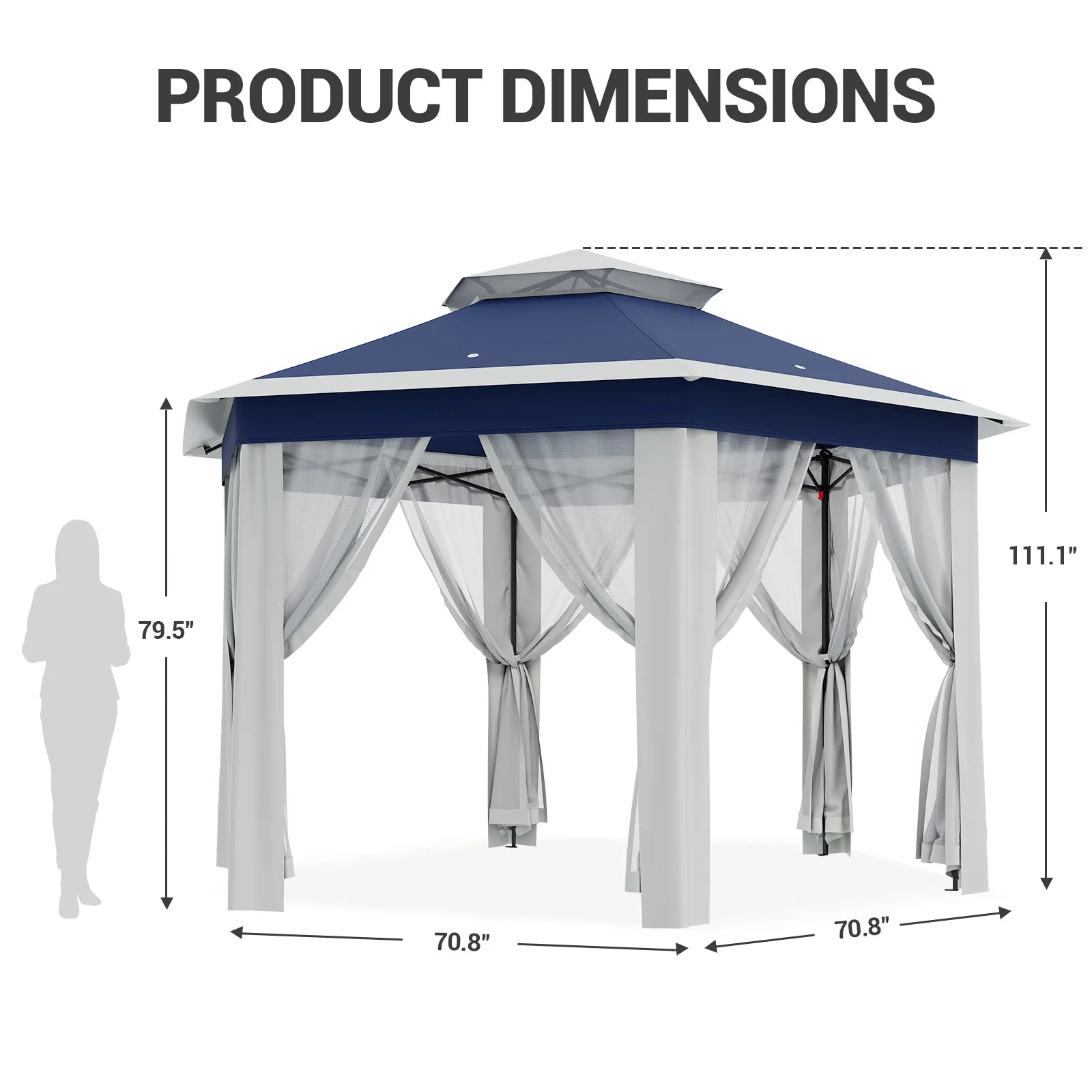 Garvee Hexagon Pavillon 4×4 m, Mit Moskitonetz, Wasserdicht, UV-Schutz, Höhenverstellbar, Blau