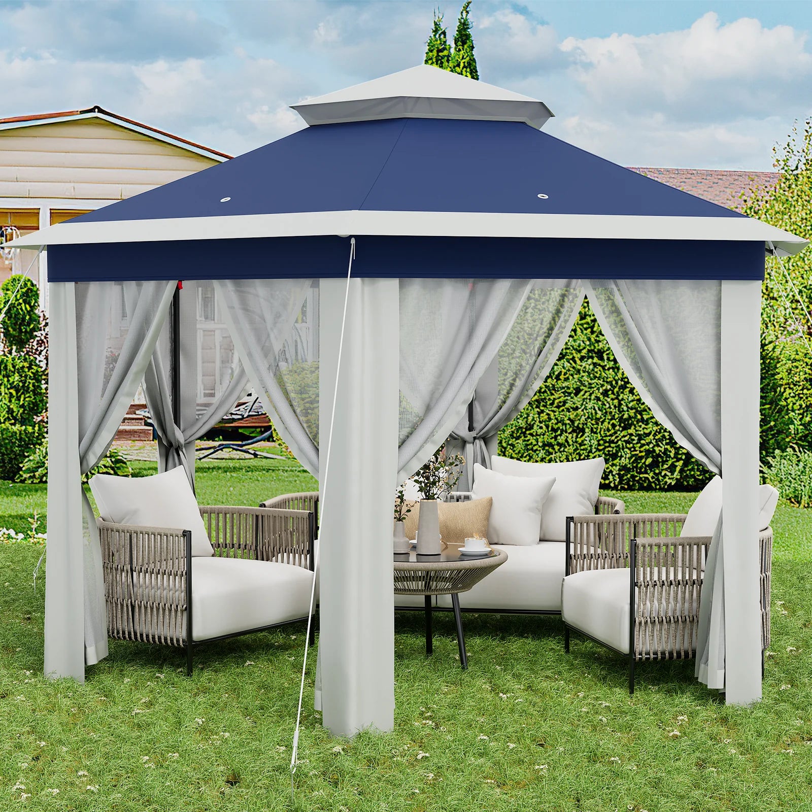 Garvee Hexagon Pavillon 4×4 m, Mit Moskitonetz, Wasserdicht, UV-Schutz, Höhenverstellbar, Blau