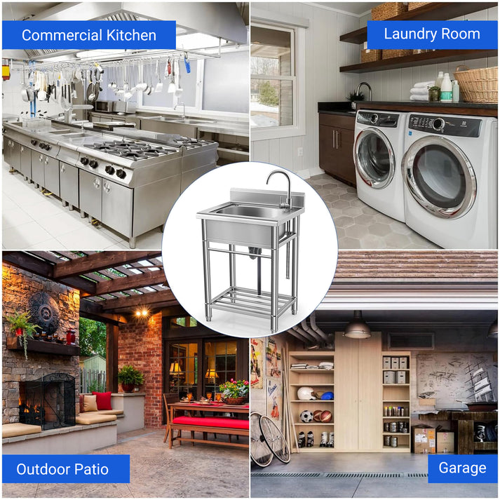 Freistehendes Nutzbecken mit Zubehör wie Abtropfkorb und Handtuchstange