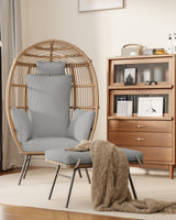 GARVEE Wicker Egg Chair mit Ottoman, Rattan Lounge Stuhl, dicker Komfortkissen, wetterfest, Stahlrahmen, für Garten & Terrasse - Grey