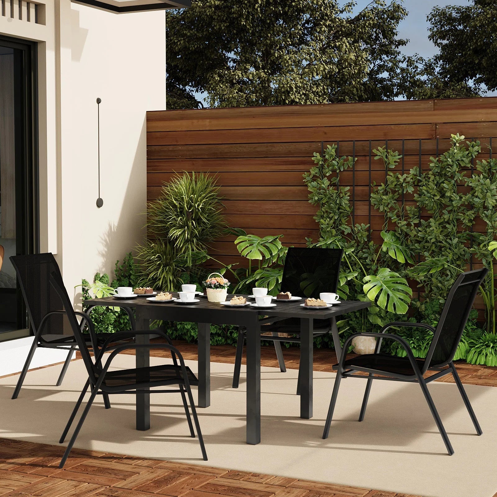 Garvee Stapelstühle Outdoor Set 4, Metallrahmen, Textilene, Atmungsaktiv, Für Garten & Terrasse, Schwarz