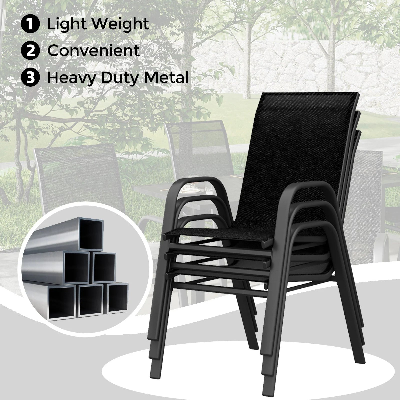 Garvee Stapelstühle Outdoor Set 4, Metallrahmen, Textilene, Atmungsaktiv, Für Garten & Terrasse, Schwarz