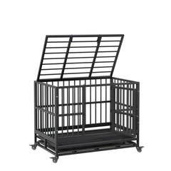 GARVEE Faltbarer Hundetransportbox mit 2 Türen & Rädern 180x72x85cm Schwarz | Stahl & Spanplatte, abnehmbares Tablett | Für alle Hunde, Indoor/Outdoor
