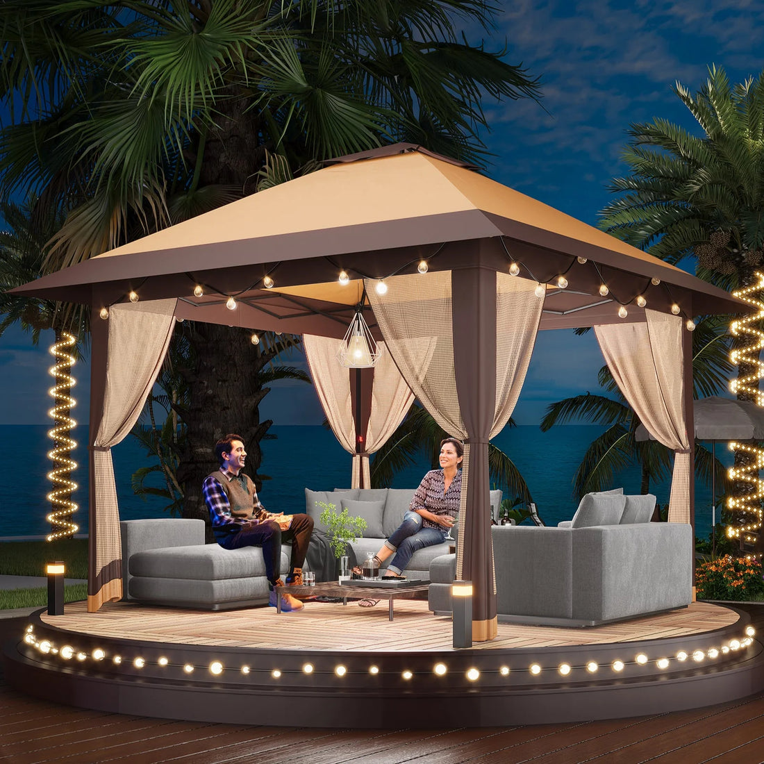 GARVEE Pop-Up Gazebo 4×4 m, Faltpavillon mit Moskitonetz, Robustes Stahlgestell, Wetterfest und Stabil für Garten, Terrasse und Outdoor-Events, Khaki