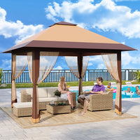 GARVEE Pop-Up Gazebo 4×4 m, Faltpavillon mit Moskitonetz, Robustes Stahlgestell, Wetterfest und Stabil für Garten, Terrasse und Outdoor-Events, Khaki