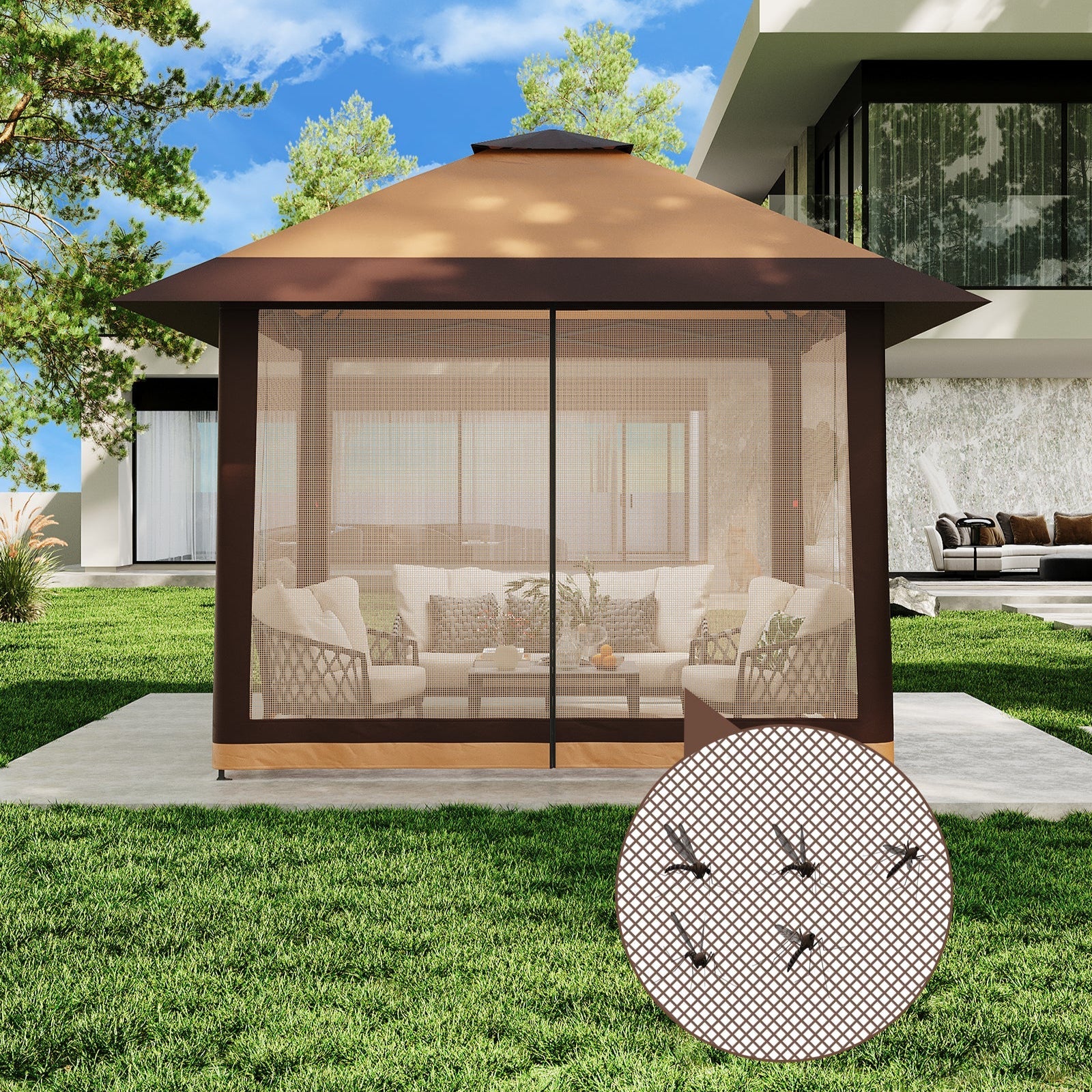 GARVEE Pop-Up Gazebo 4×4 m, Faltpavillon mit Moskitonetz, Robustes Stahlgestell, Wetterfest und Stabil für Garten, Terrasse und Outdoor-Events, Khaki