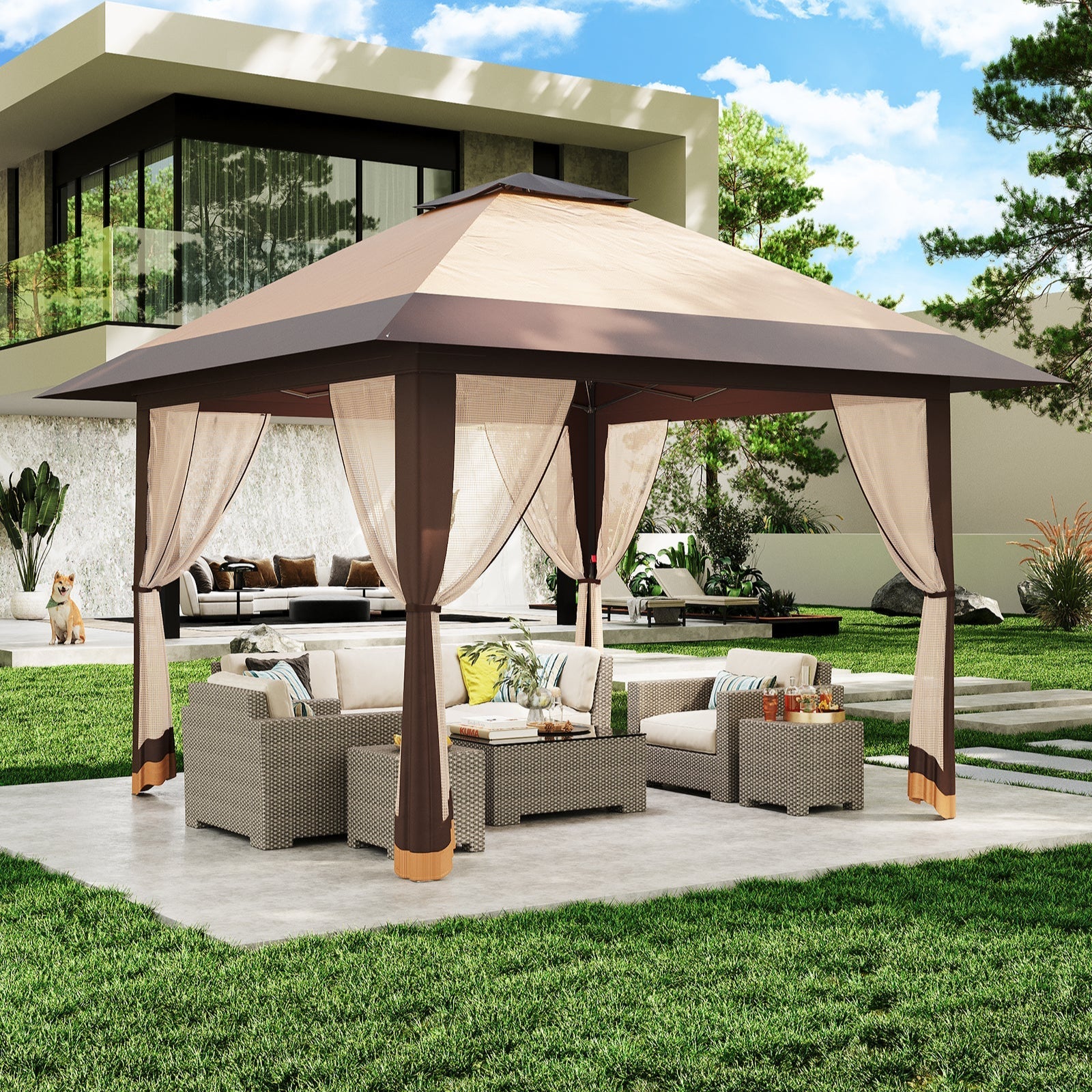 GARVEE Pop-Up Gazebo 4×4 m, Faltpavillon mit Moskitonetz, Robustes Stahlgestell, Wetterfest und Stabil für Garten, Terrasse und Outdoor-Events, Khaki