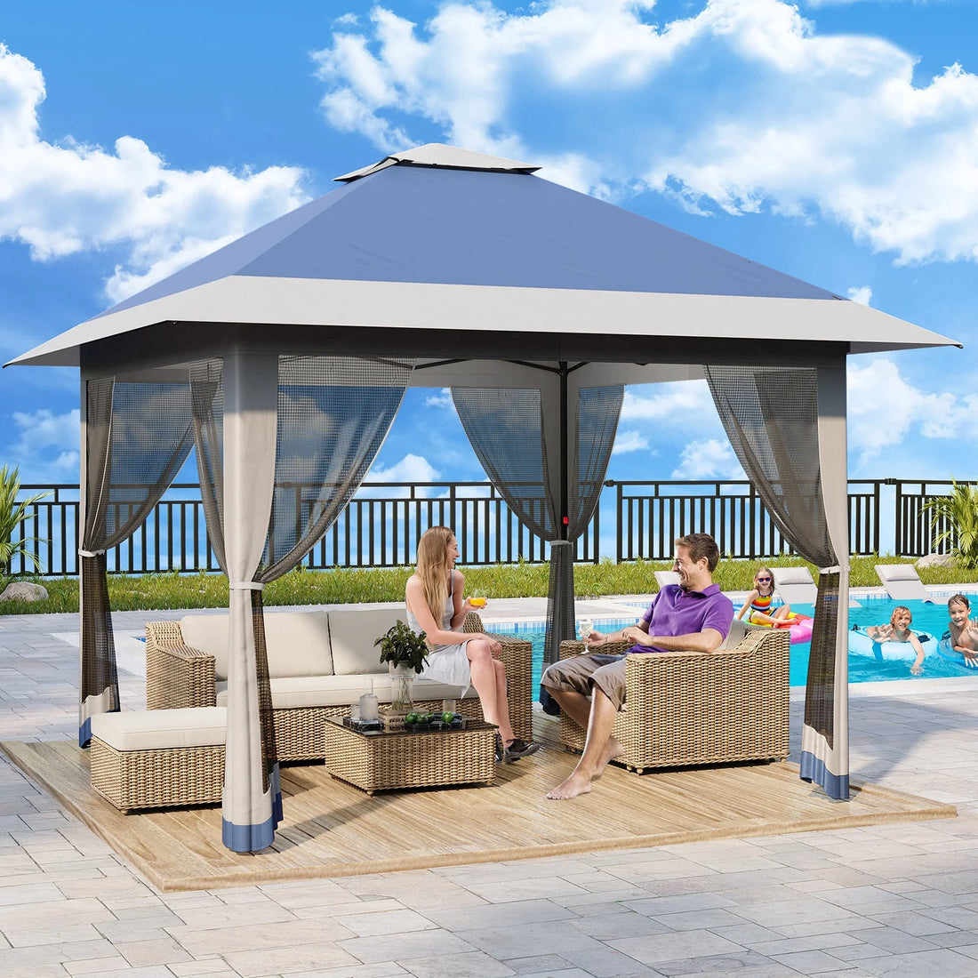 GARVEE Pop-Up Gazebo 4×4 m, Faltpavillon mit Moskitonetz, Robustes Stahlgestell, Wetterfest und Stabil für Garten, Terrasse und Outdoor-Events, Marineblau