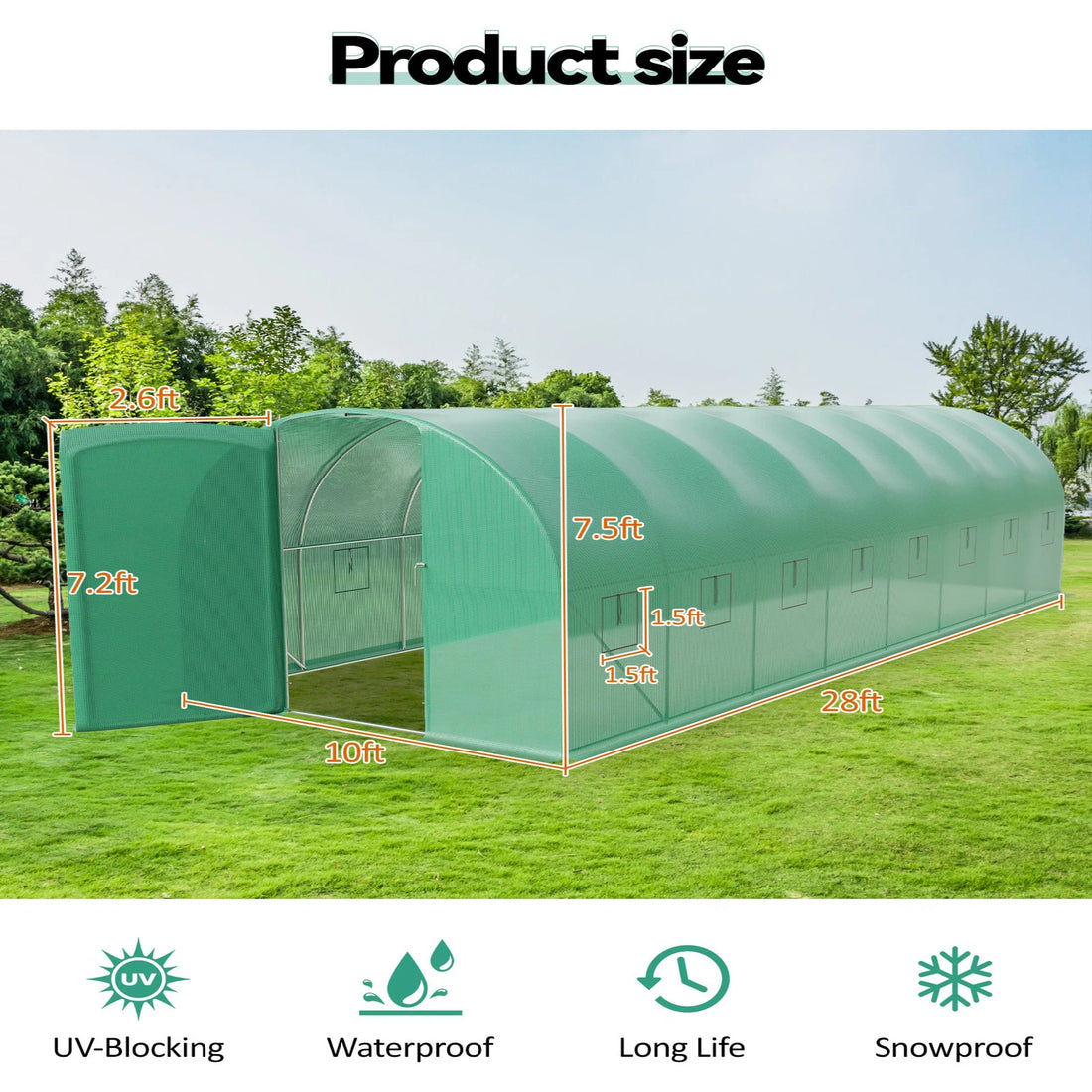 GARVEE Großes Foliengewächshaus 8,5 x 3 x 2,2 m, Stabiler Stahlrahmen mit 16 Belüftungsfenstern & Schwingtür, PE-Gewächshaus für Garten, Gemüse, Kräuter & Pflanzen, Grün