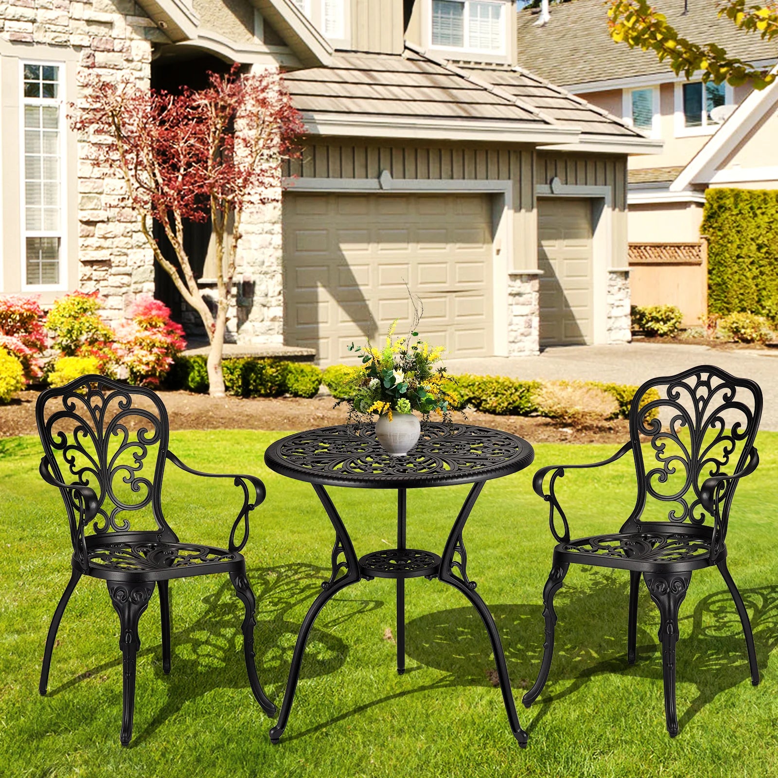 Garvee Bistro Set 3 Teilig, Gussaluminium, Mit Schirmloch, Retro Messing, Für Garten & Balkon