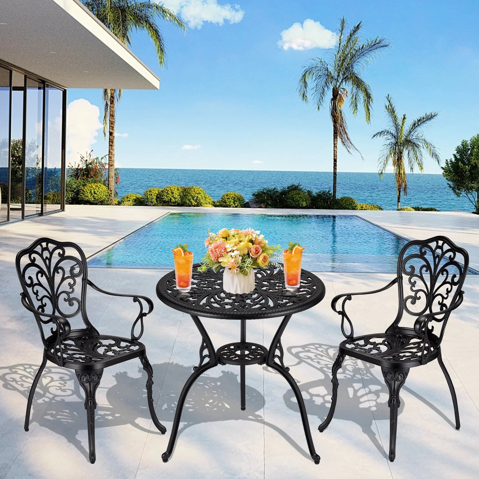 Garvee Bistro Set 3 Teilig, Gussaluminium, Mit Schirmloch, Retro Messing, Für Garten & Balkon